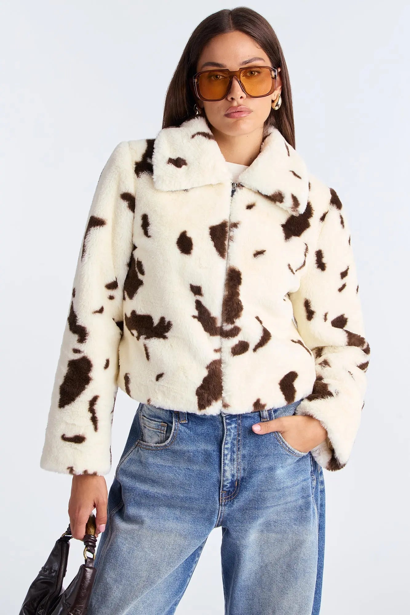 Nashville Nights Cow Print Faux Fur Coat - Brown/combo