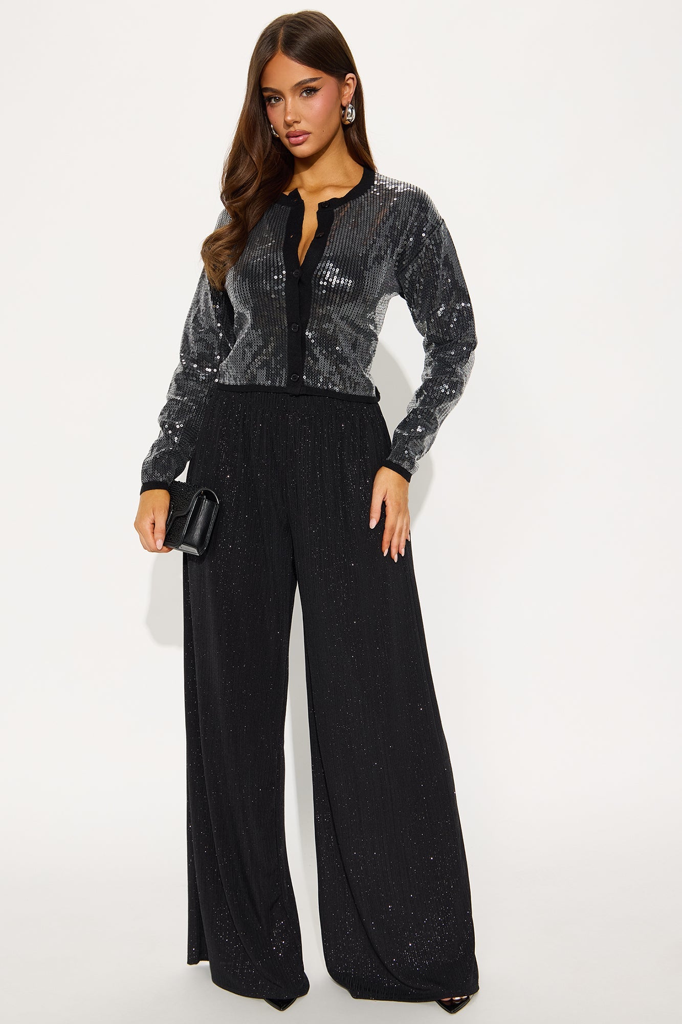 Glow Under Pressure Lurex Wide Leg Pant 32″ - Black