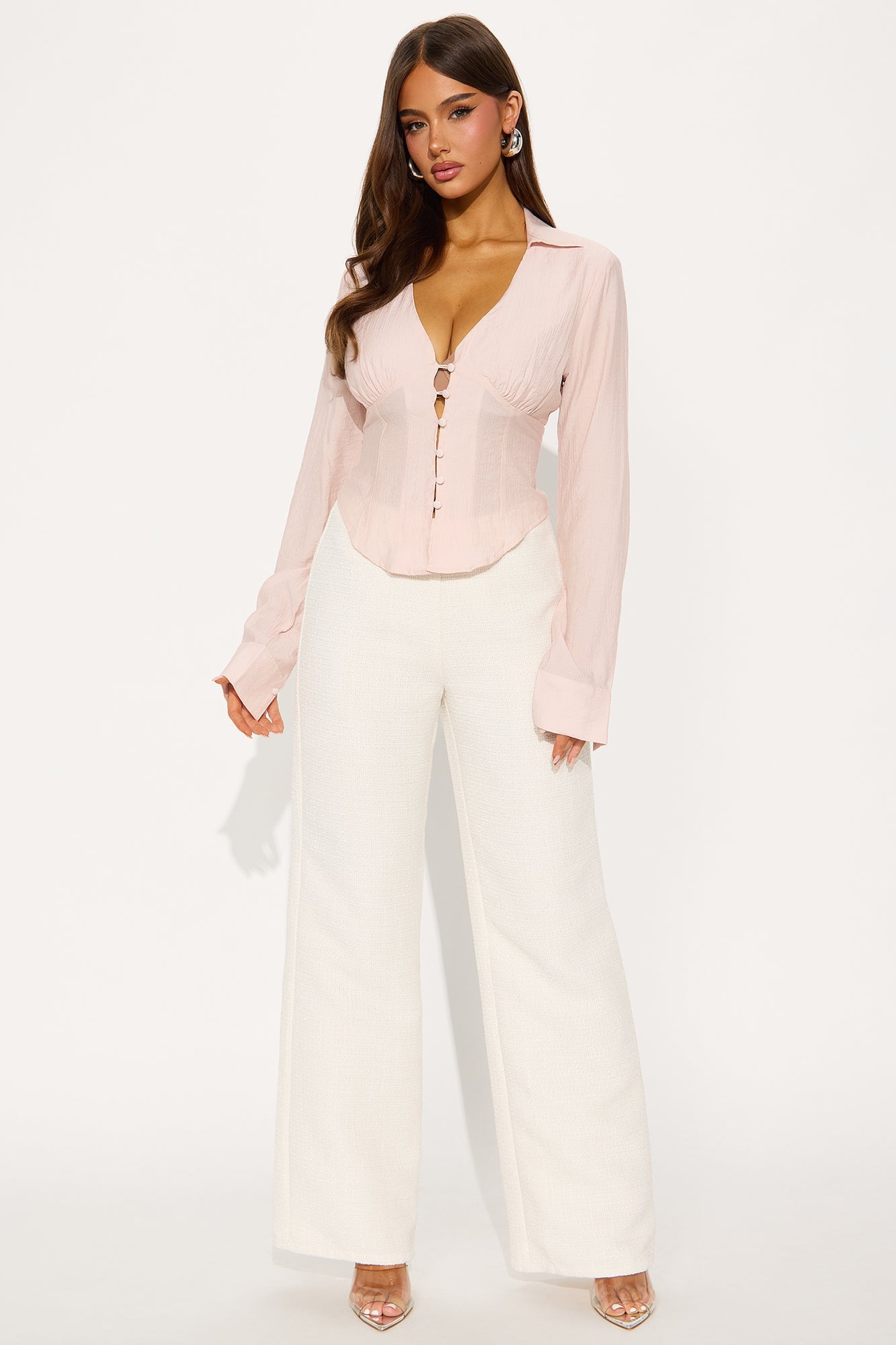 Editors Pick High Rise Tweed Wide Leg Trouser Pant 33 - Cream