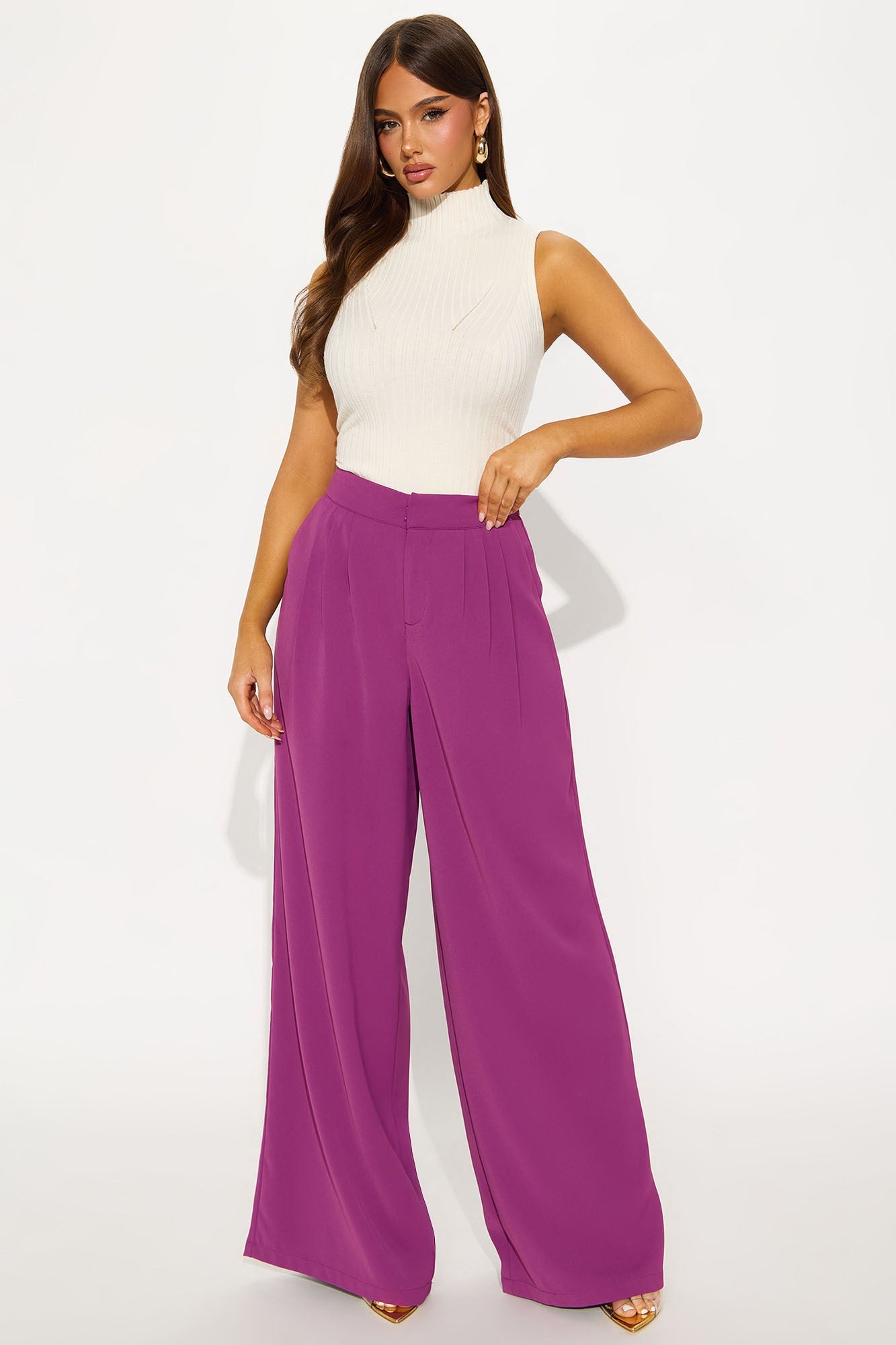 Candice Pleated Wide Leg Trouser Pant 33″ - Raspberry