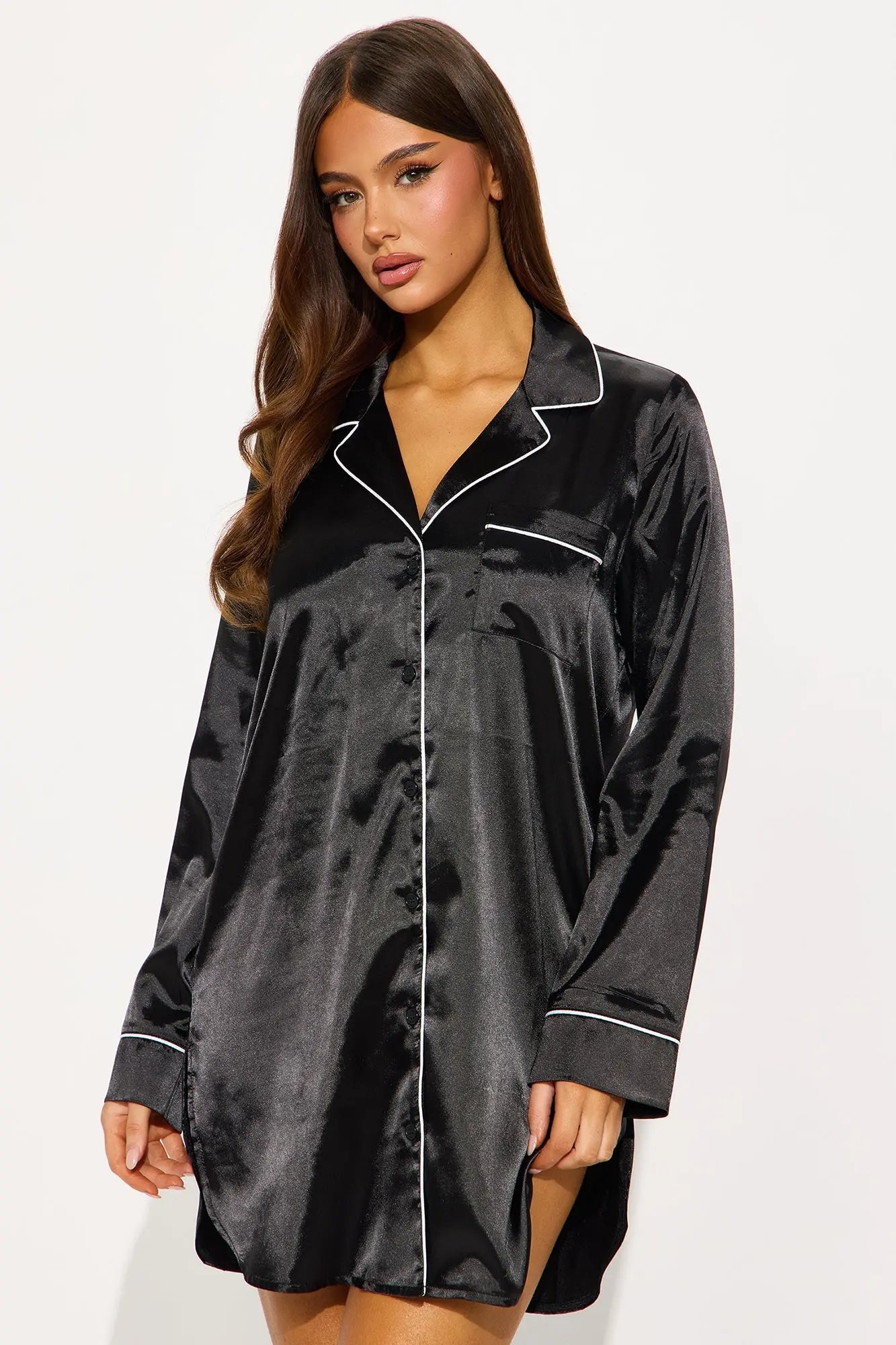 Bedtime Satin Long Sleeve PJ Sleep Shirt - Black