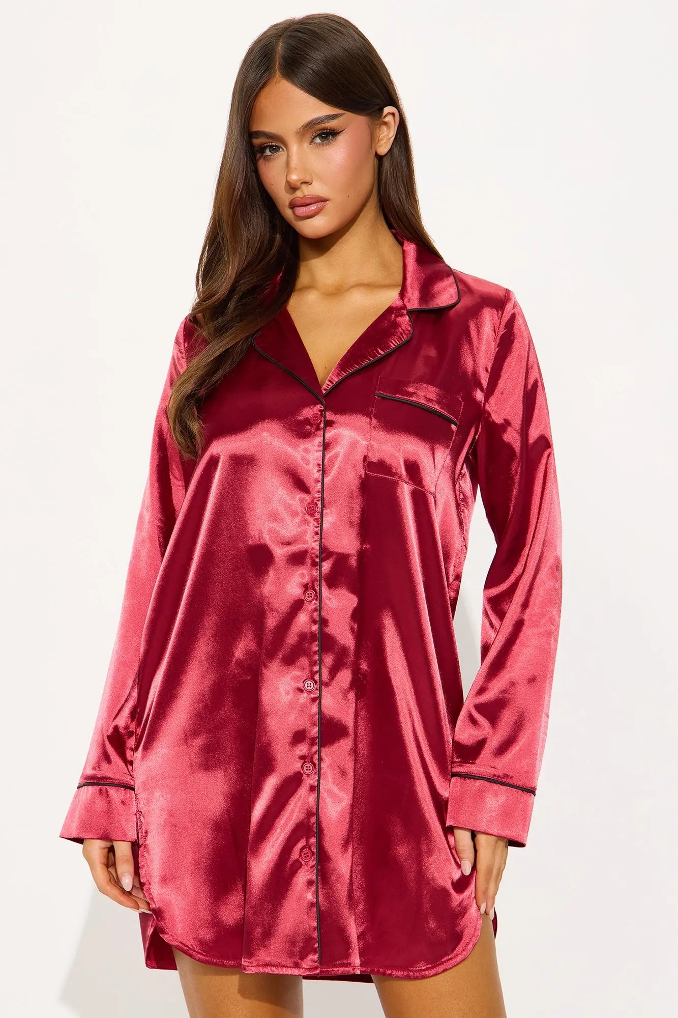 Bedtime Satin Long Sleeve PJ Sleep Shirt - DarkRed