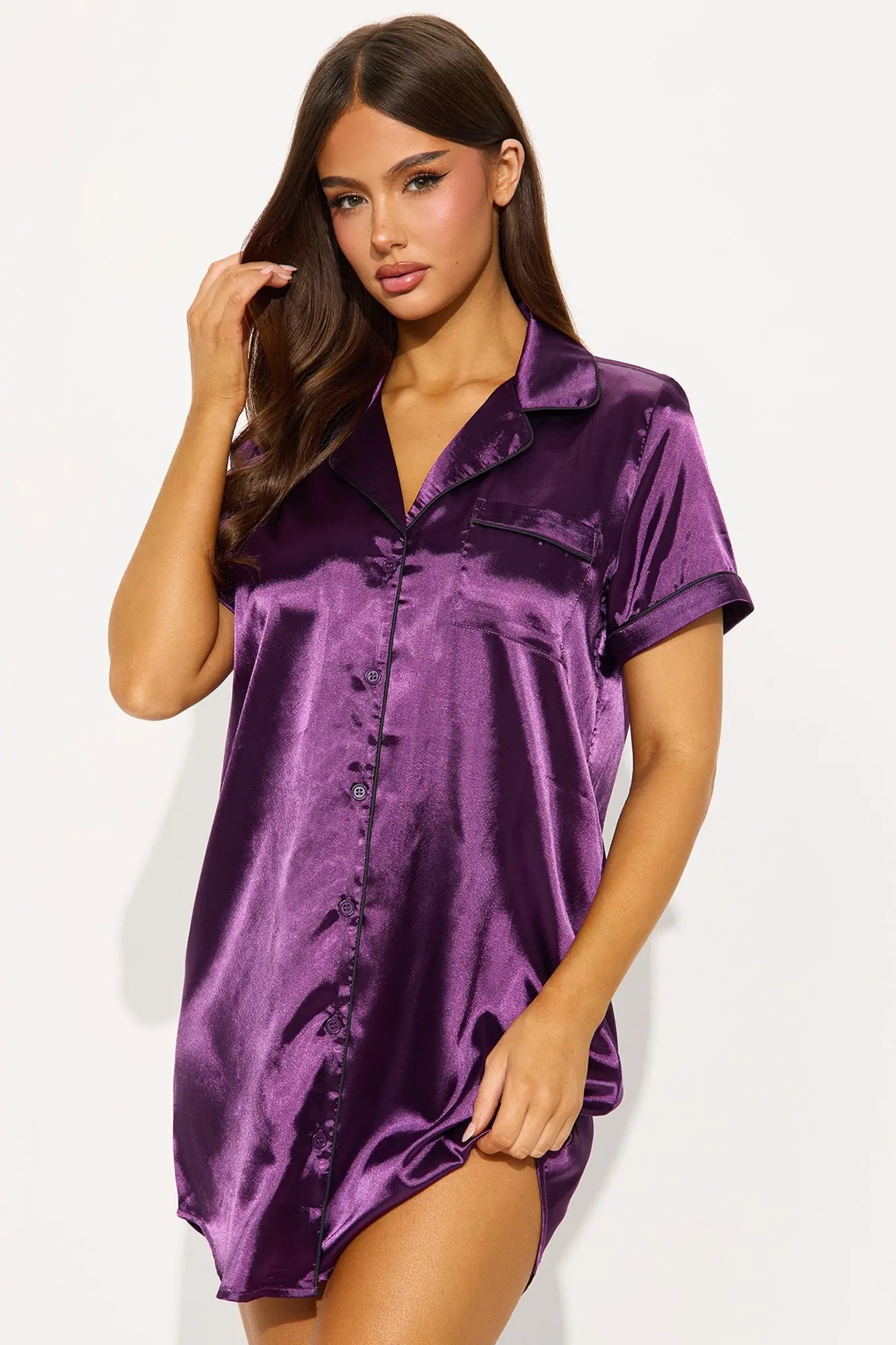 Bedtime Satin Short Sleeve PJ Sleep Shirt - Eggplant