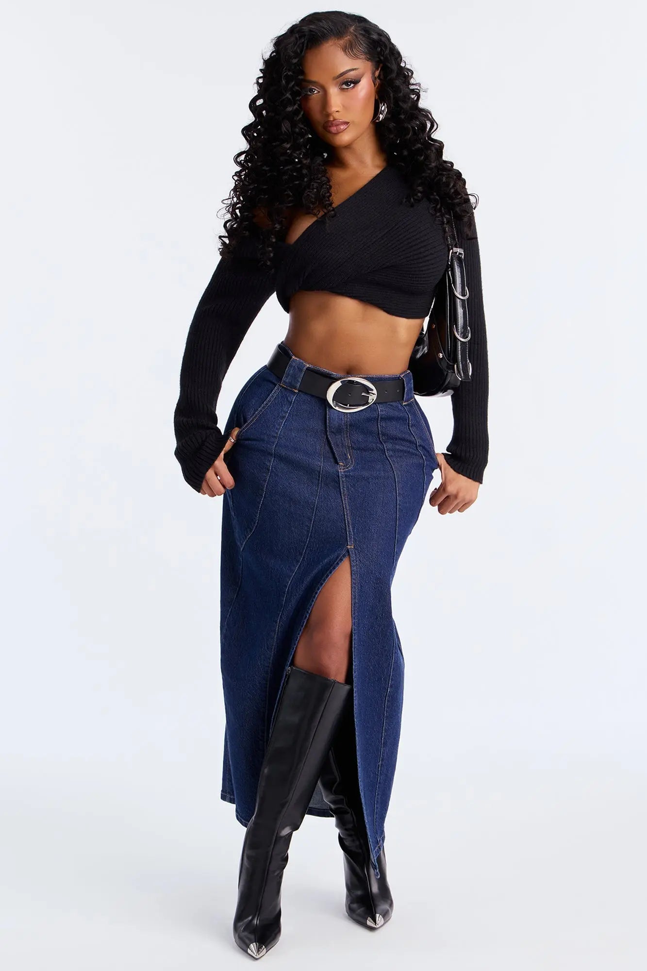 Penny Front Slit Denim Maxi Skirt - Rinse Blue Wash