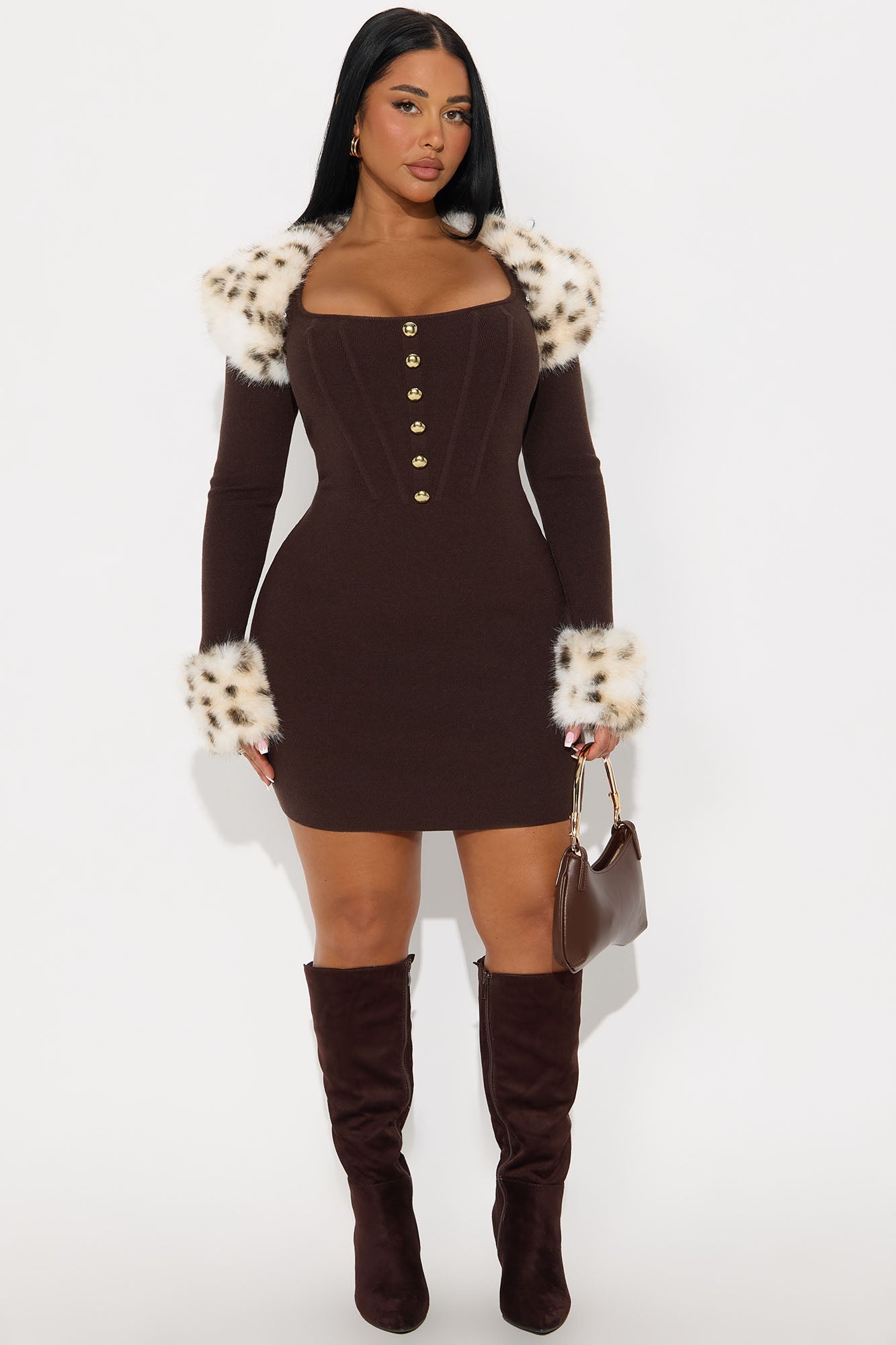 Maggie Fur Trim Sweater Mini Dress - Chocolate/Combo