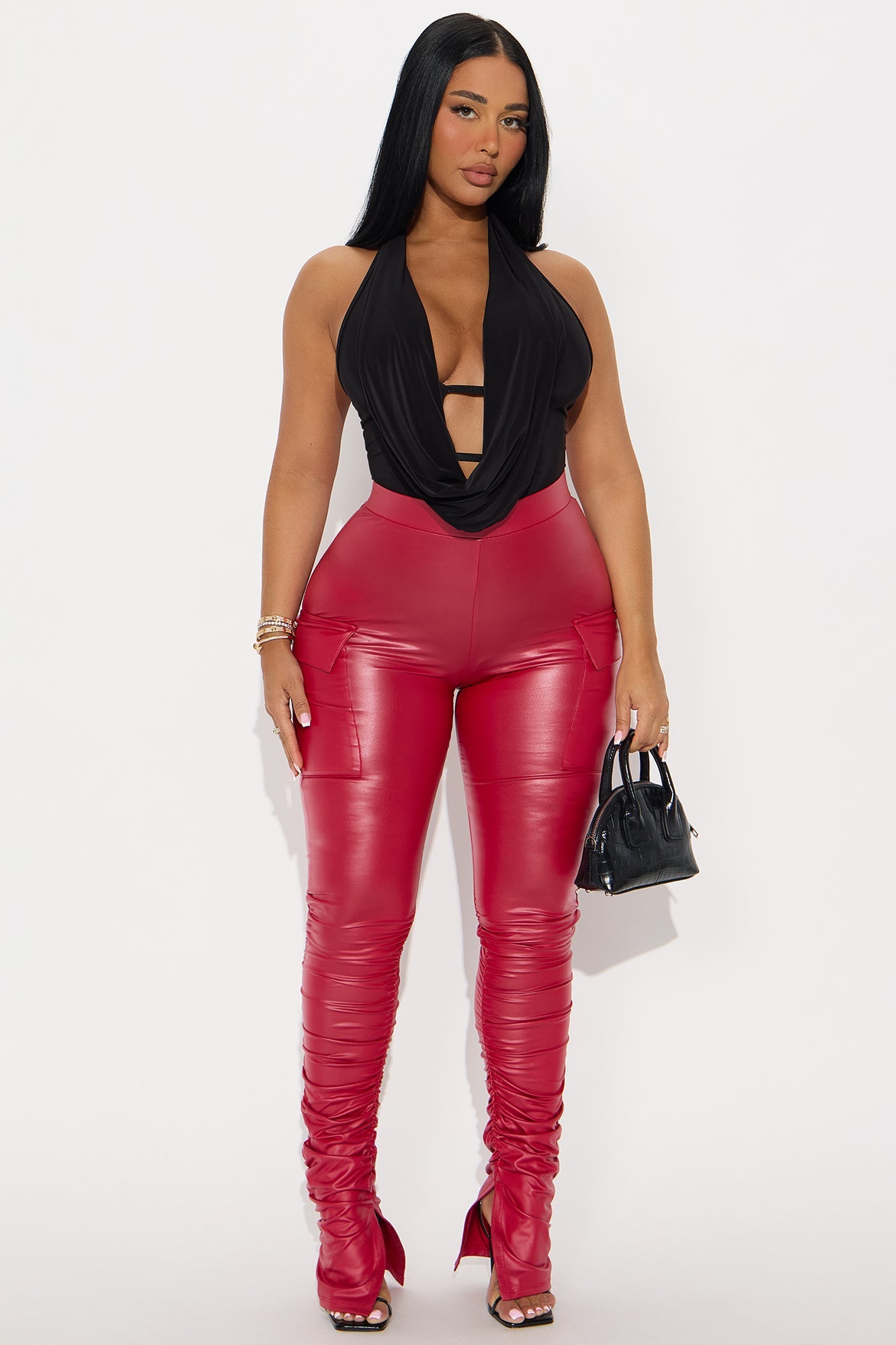 Stacked Up Faux Leather Cargo Legging - Red