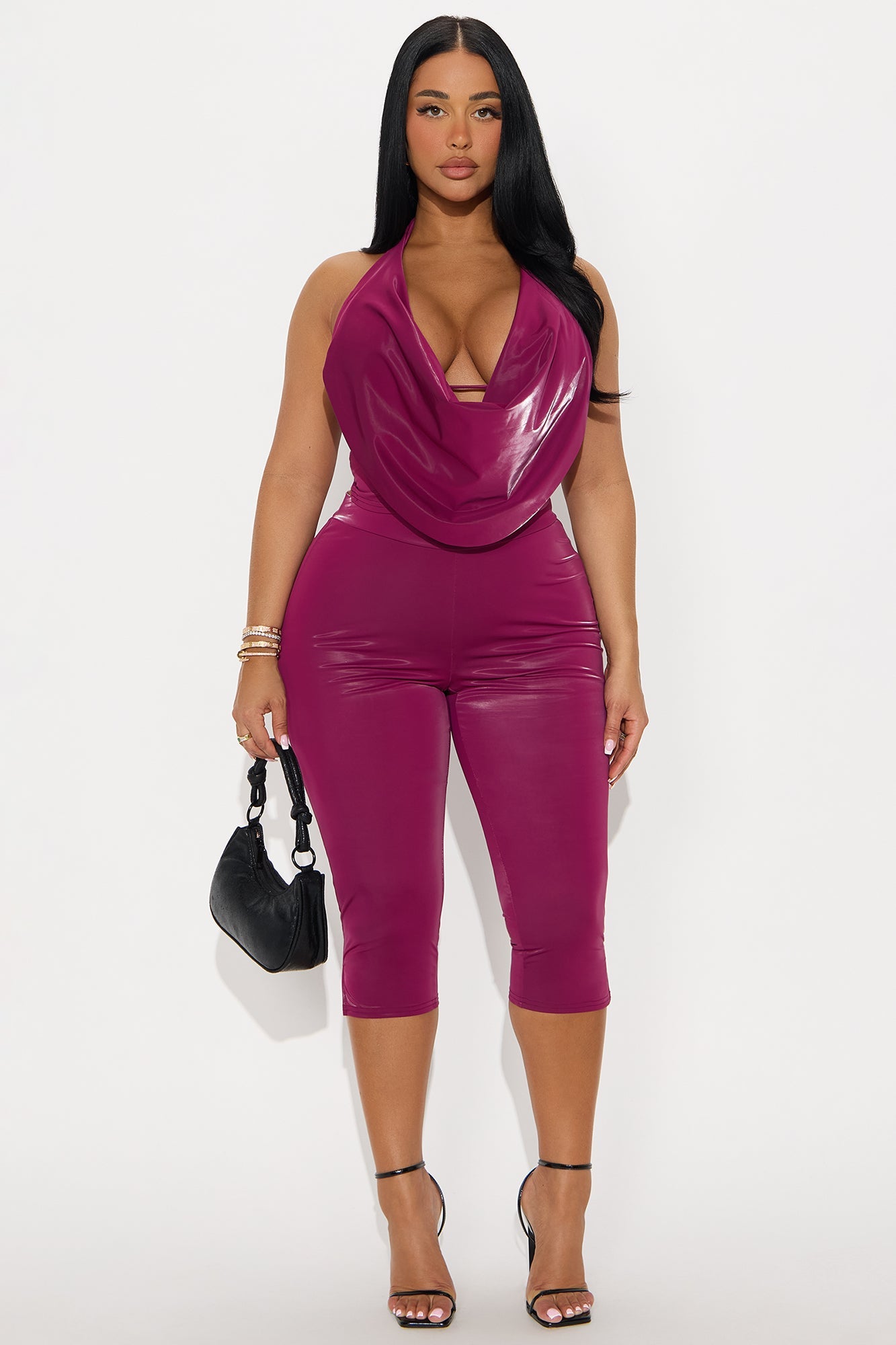 Harley Coated Faux Leather Halter Capri Set - Wine