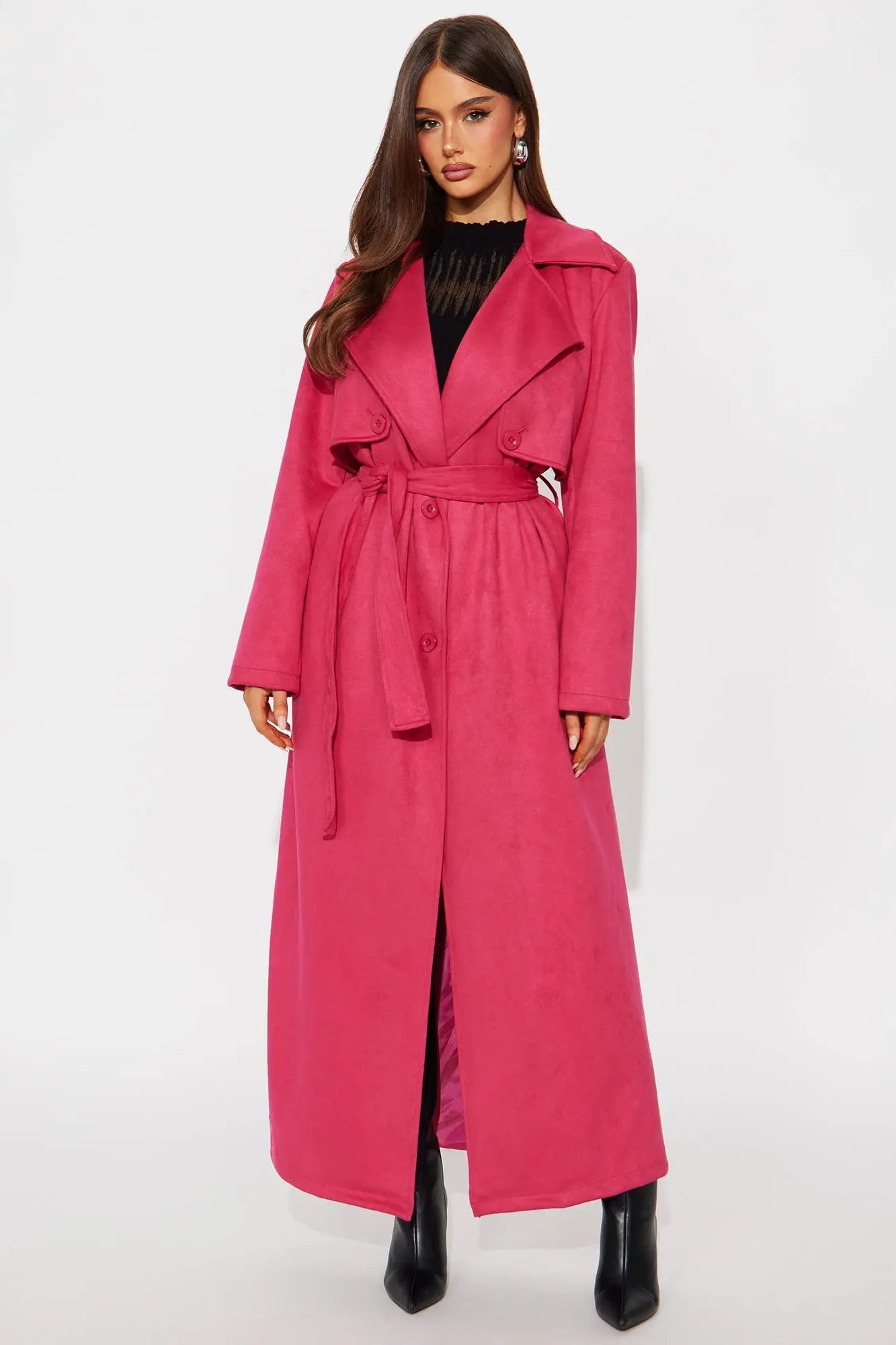 Topic of Conversation Faux Suede Trench Coat - Fuchsia