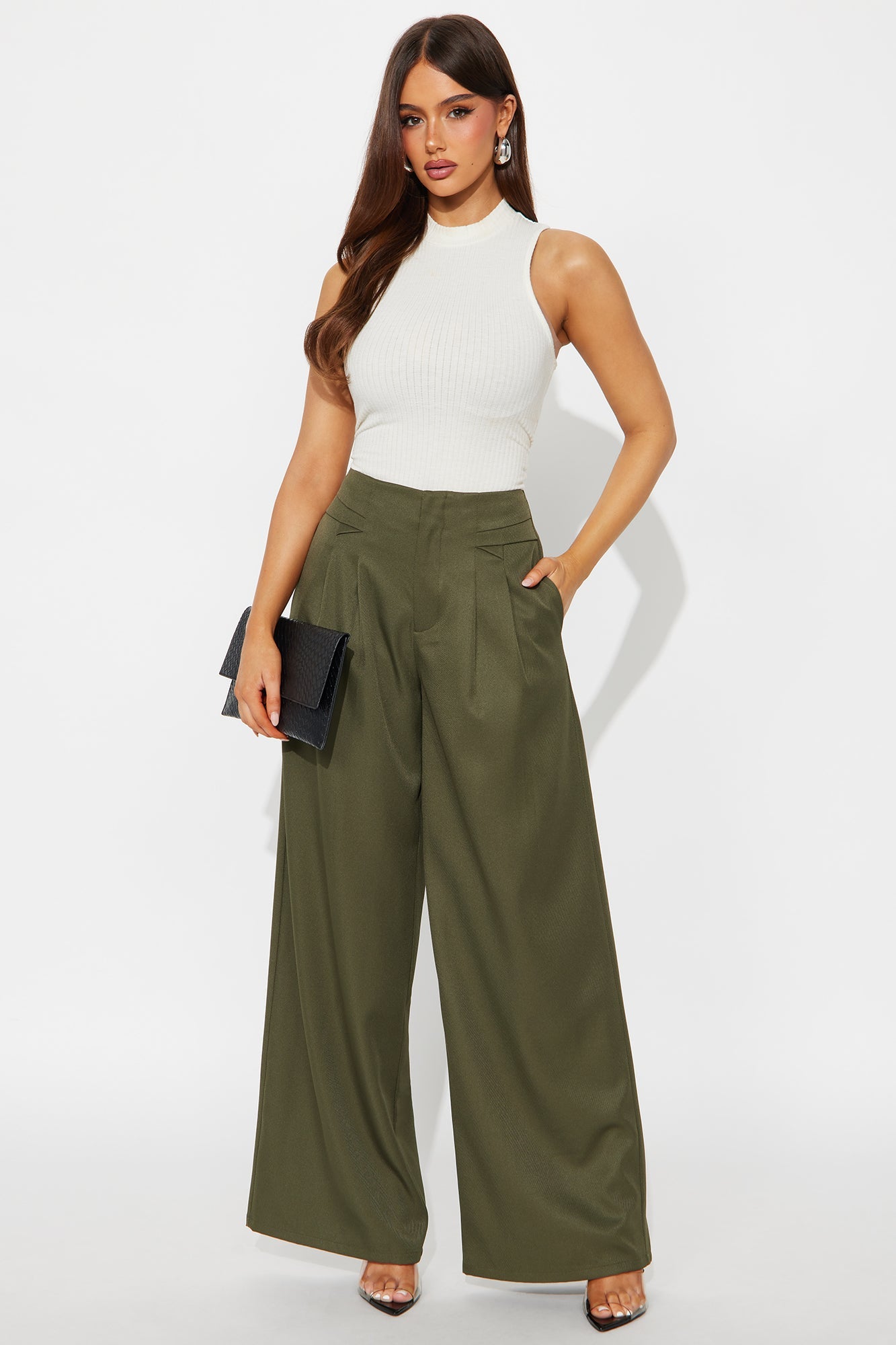 Level You Up Wide Leg Twill Pant 32″ - Olive