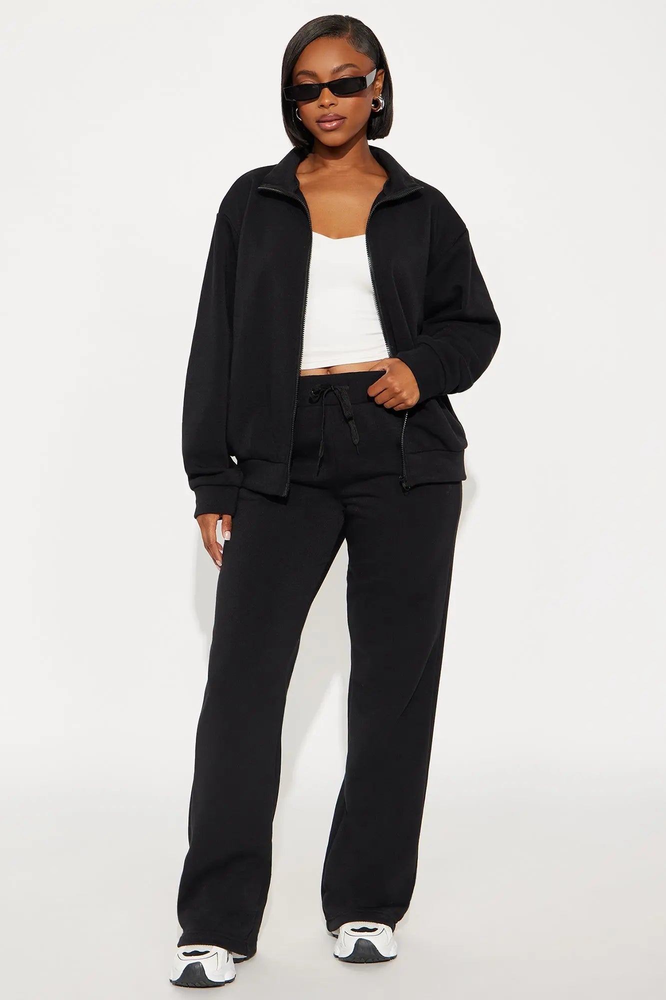 Demi Zip Up Fleece Pant Set - Black