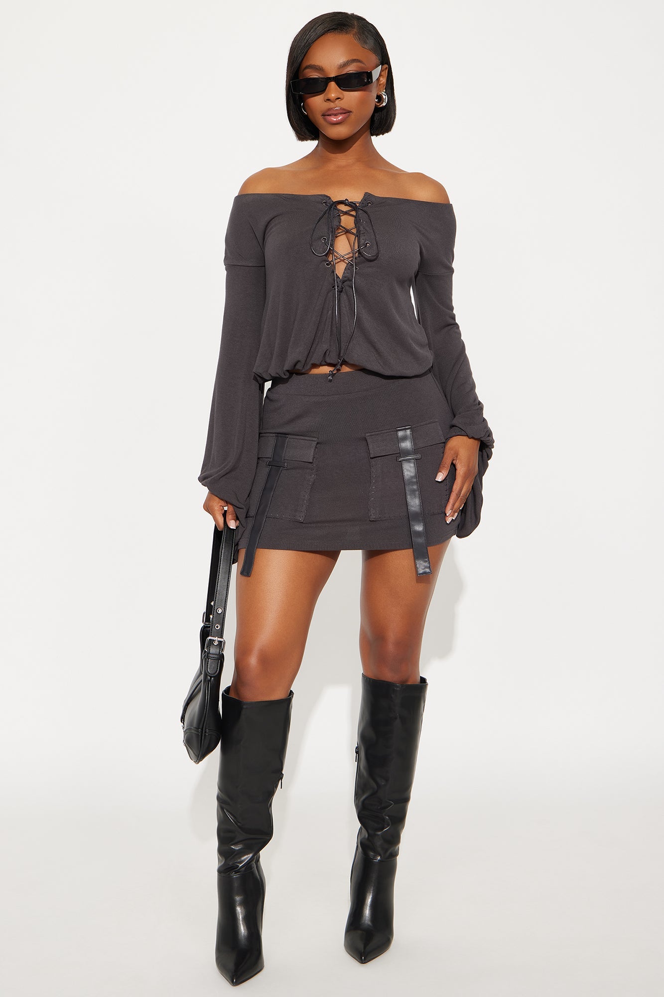 Tied To You Off Shoulder Skirt Set - Charcoal