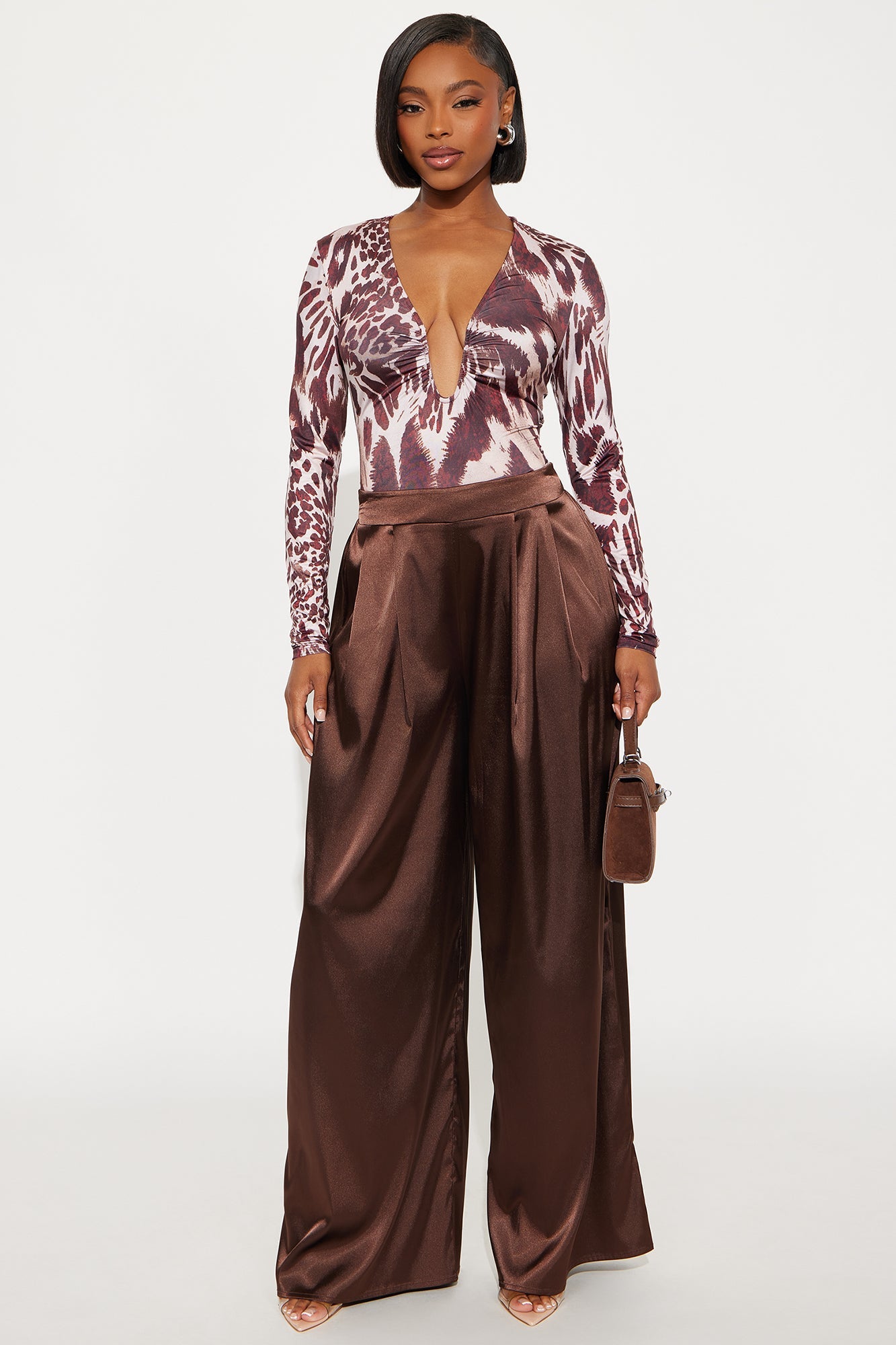 First Class Wide Leg Satin Pant 32″ - Chocolate