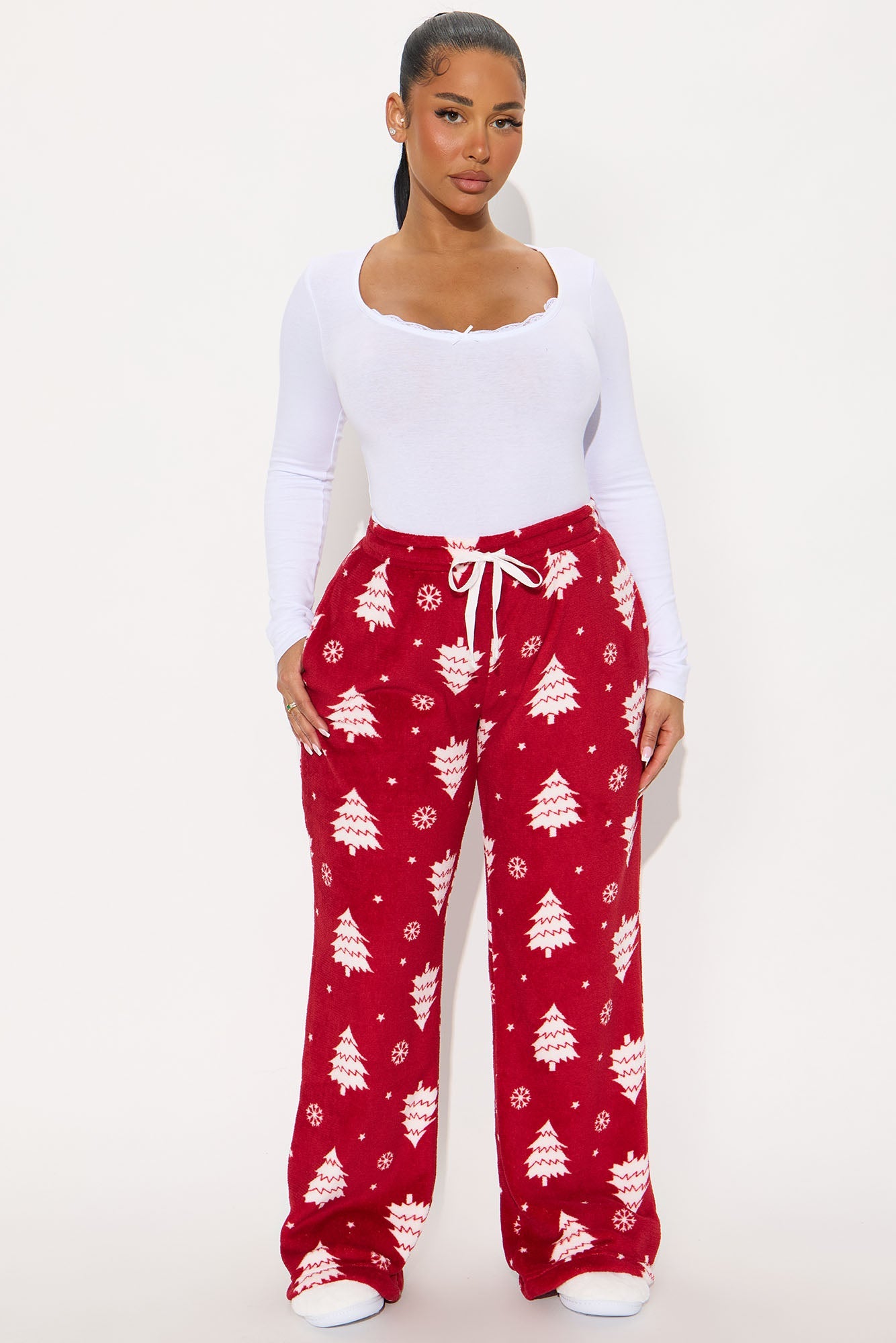 Snow Covered Trees Matching Family Plush PJ Pants - Red/White