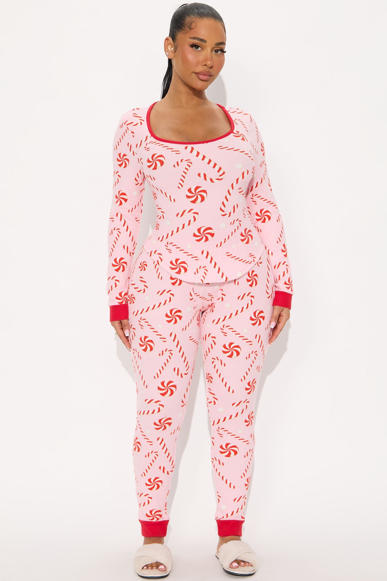Candy Cane Season Waffle Long Sleeve PJ Pant Set - Pink/combo