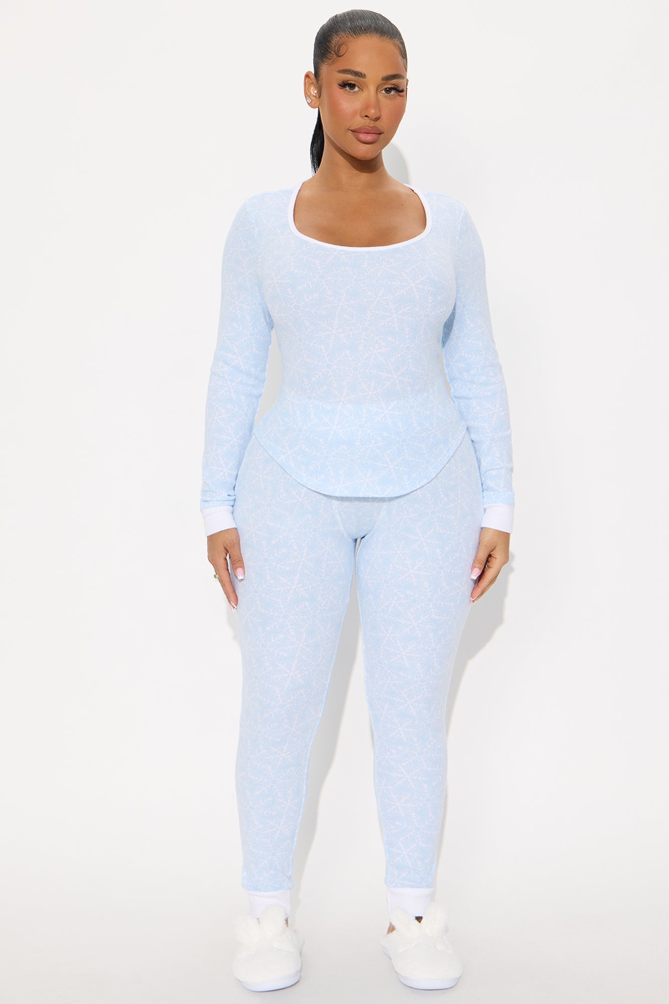 Snowflake Cutie Waffle Long Sleeve PJ Pant Set - Light Blue
