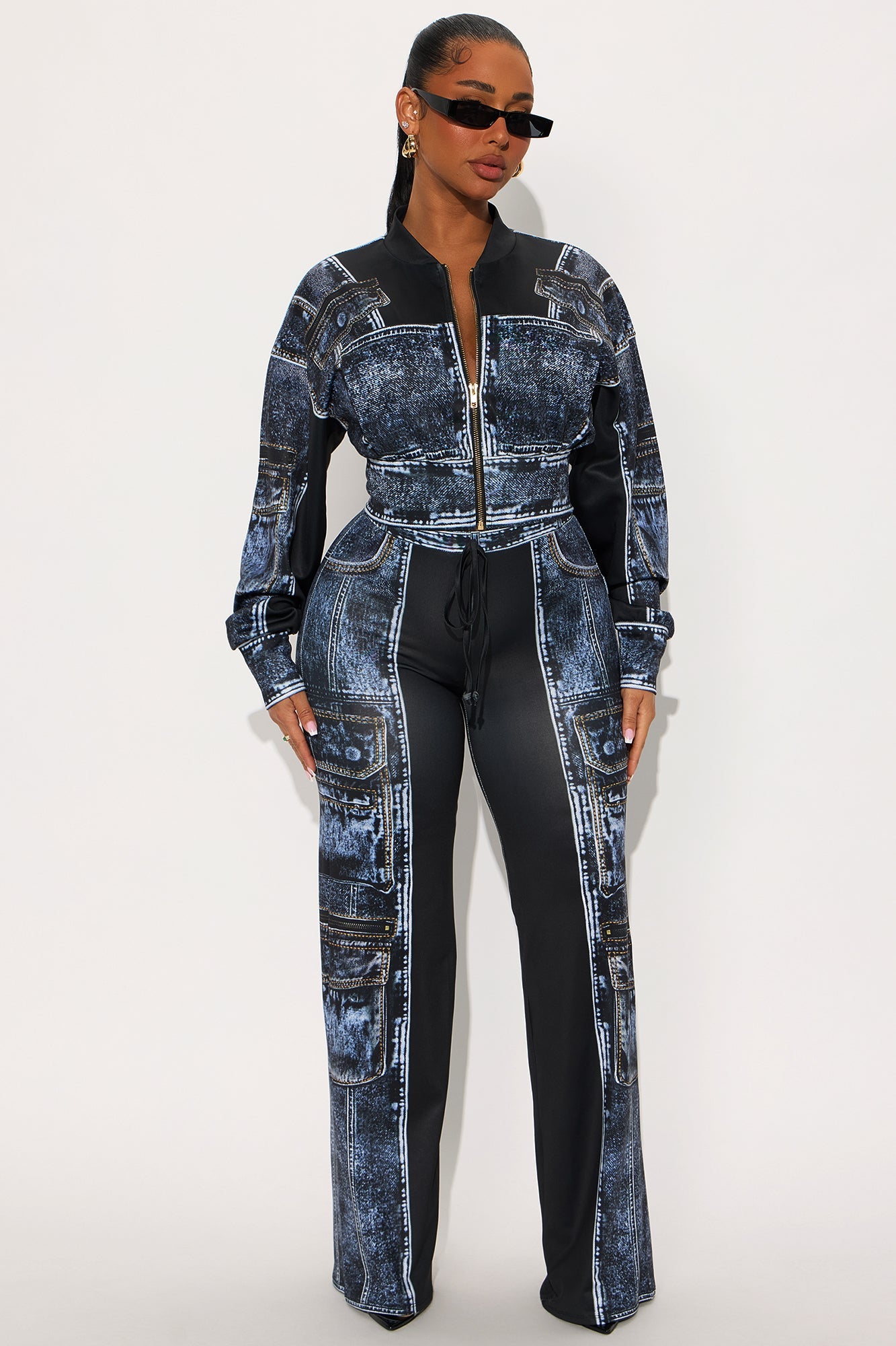 Give Me Details Denim Print Jacket Pant Set - Black/combo