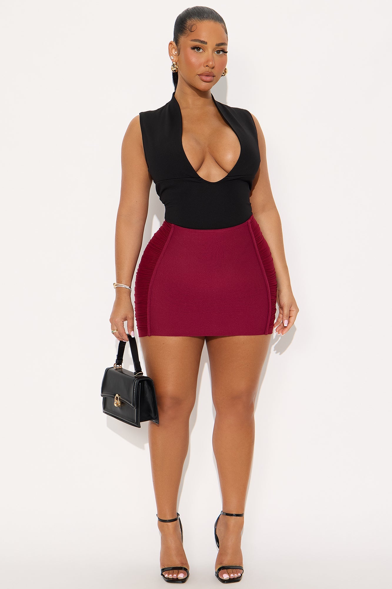 Sariah Ruched Bandage Mini Skirt - Wine