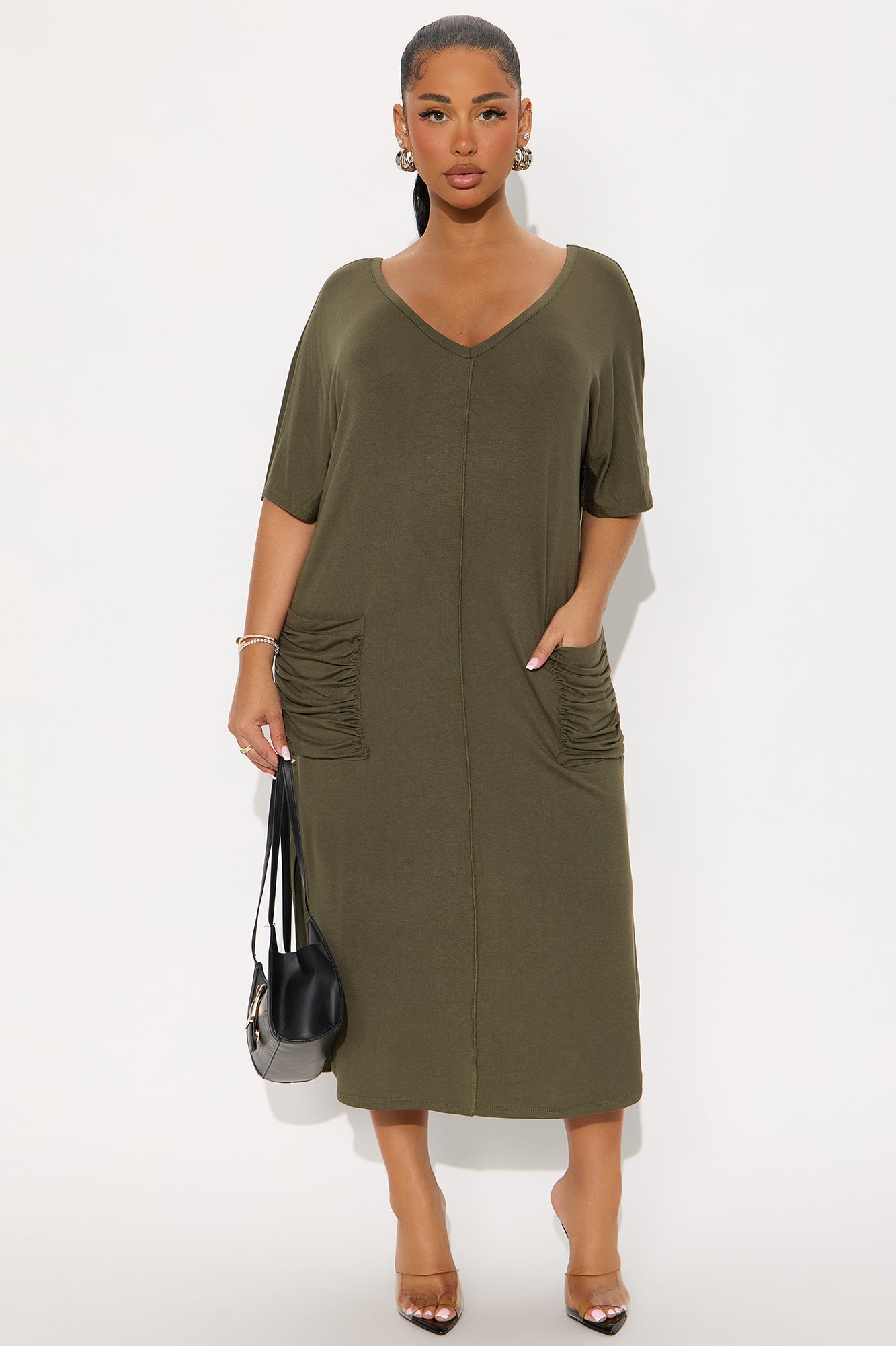 Staying In TShirt Midi Dress - Olive