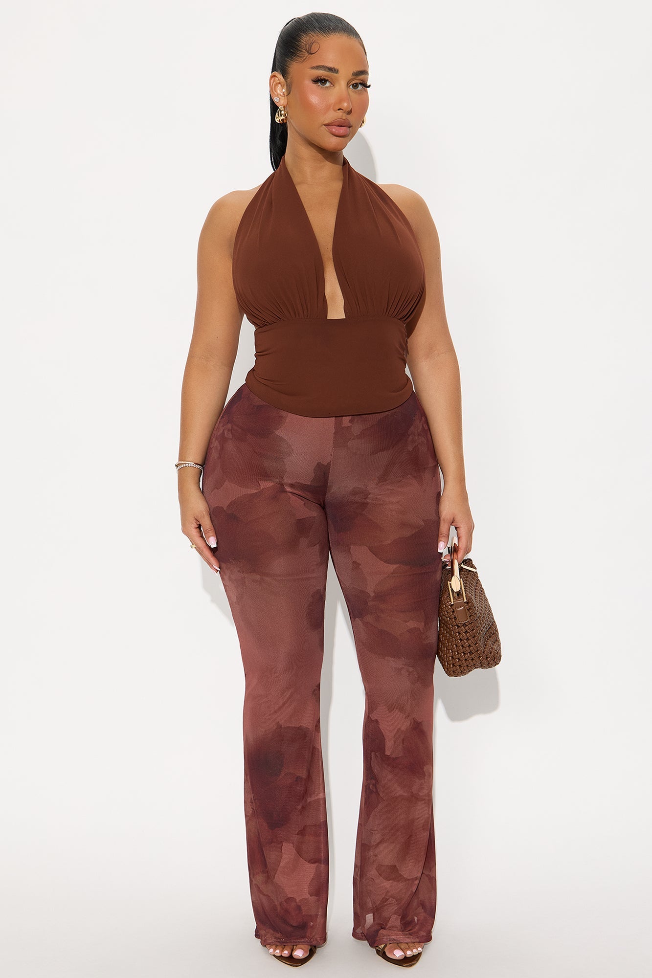 Sweet Promises Floral Mesh Flare Pant 32″ - Brown/combo