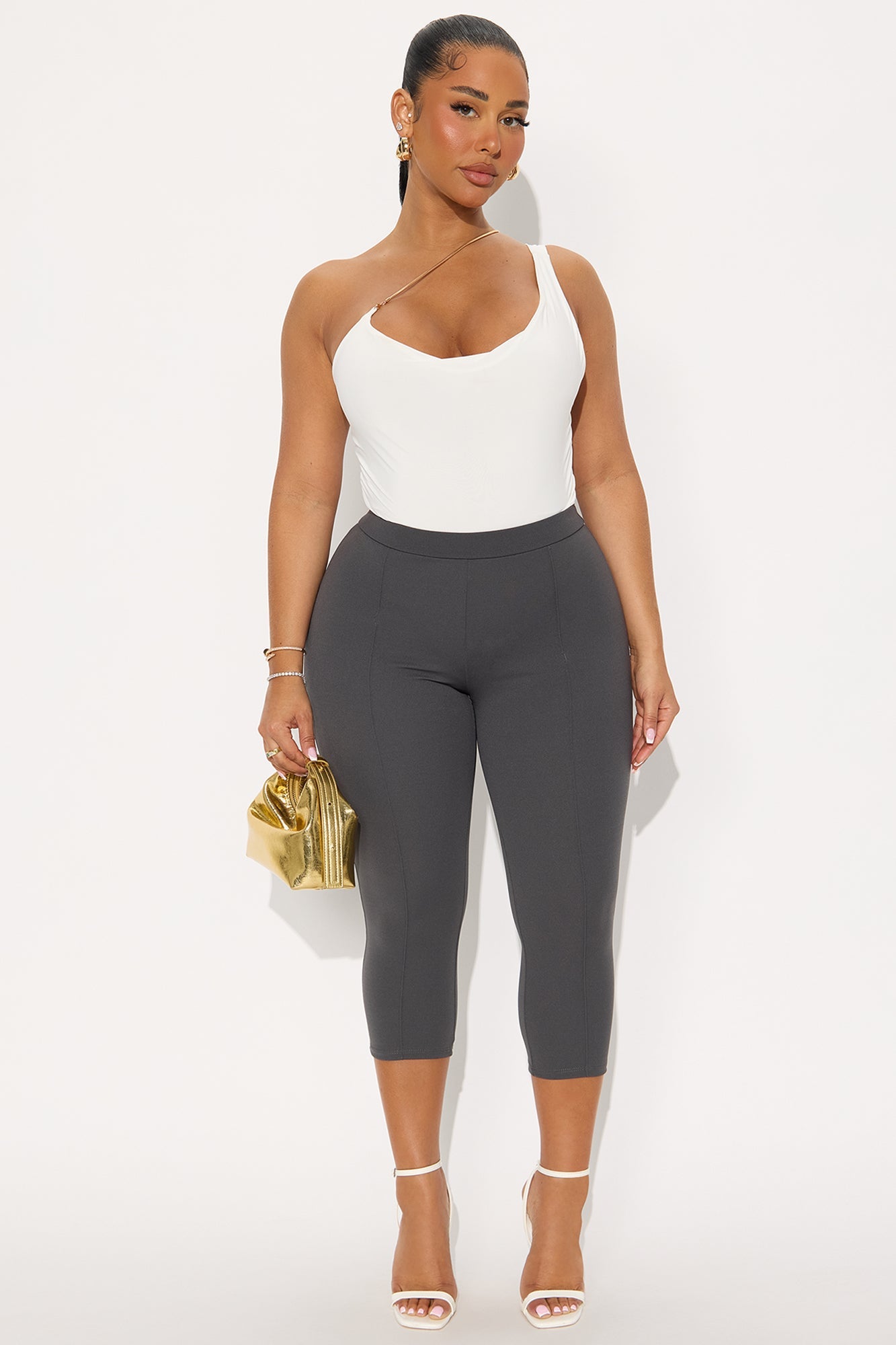 Brenda Mid Rise Knit Crepe Pintuck Capri Legging 21″ - Charcoal