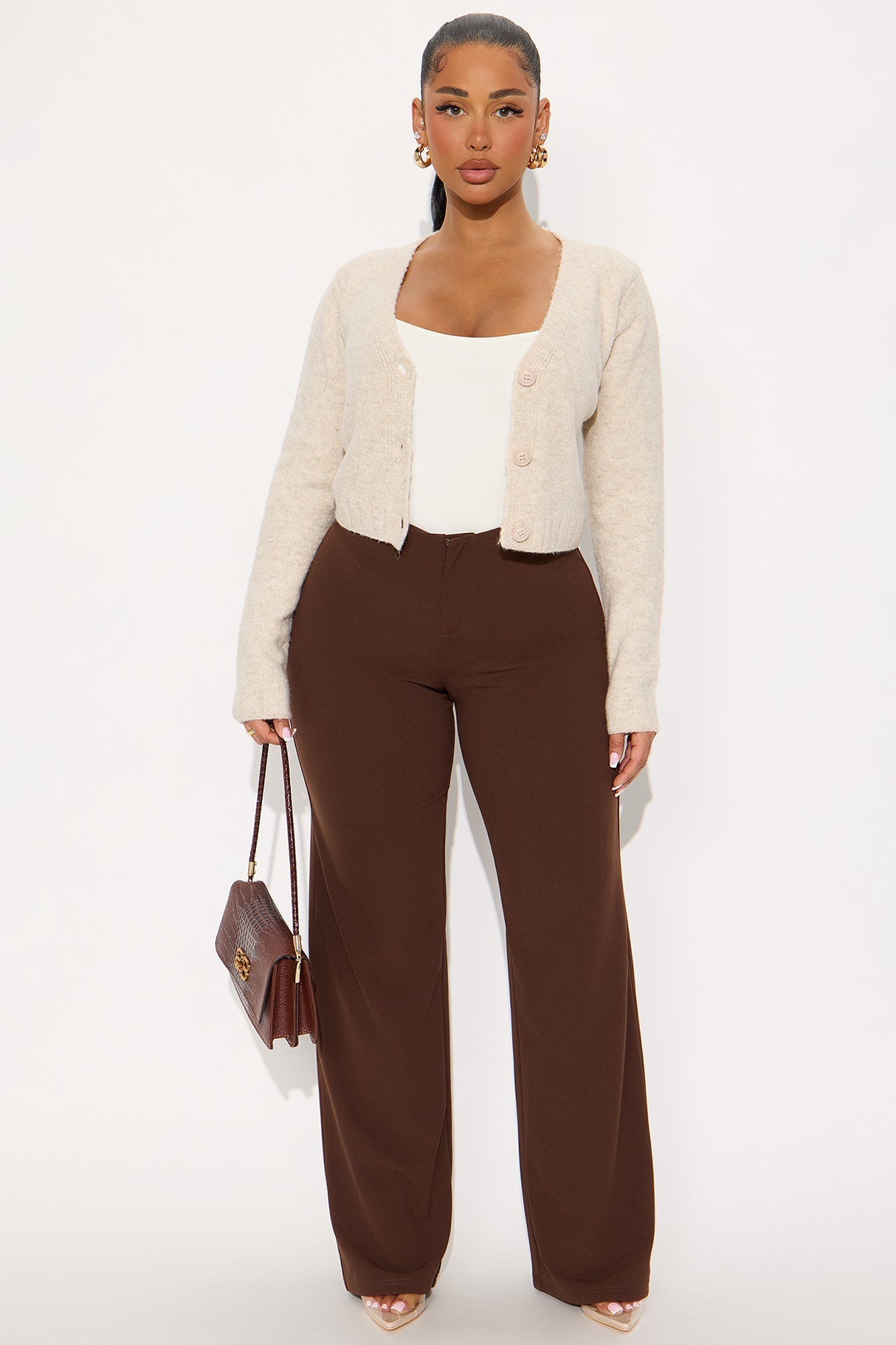 Out Of Office Low Rise Wide Leg Trouser Pant 33″ - Chocolate