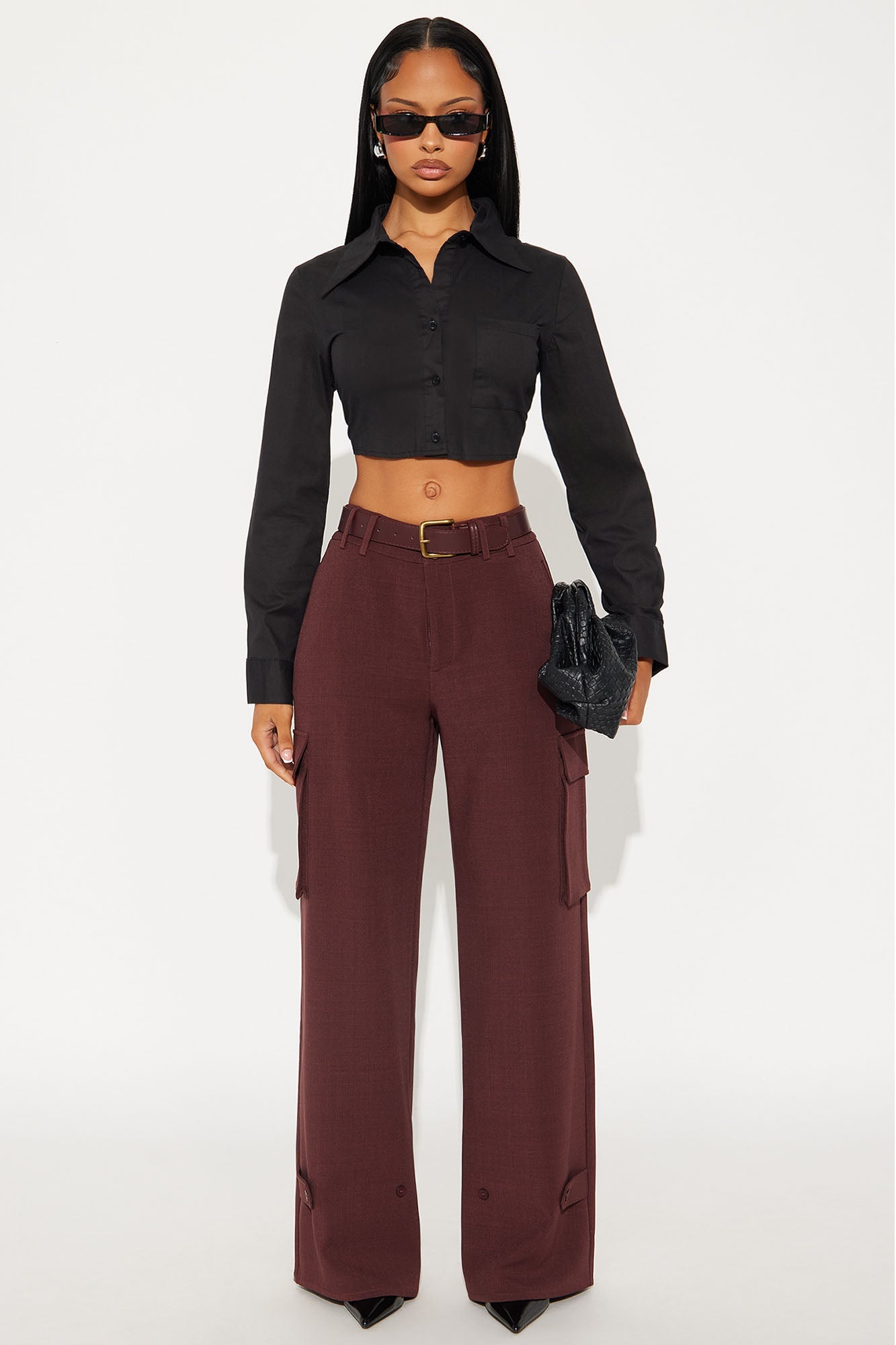 Trending Topic Wide Leg Belted Cargo Pant 32″ - Plum