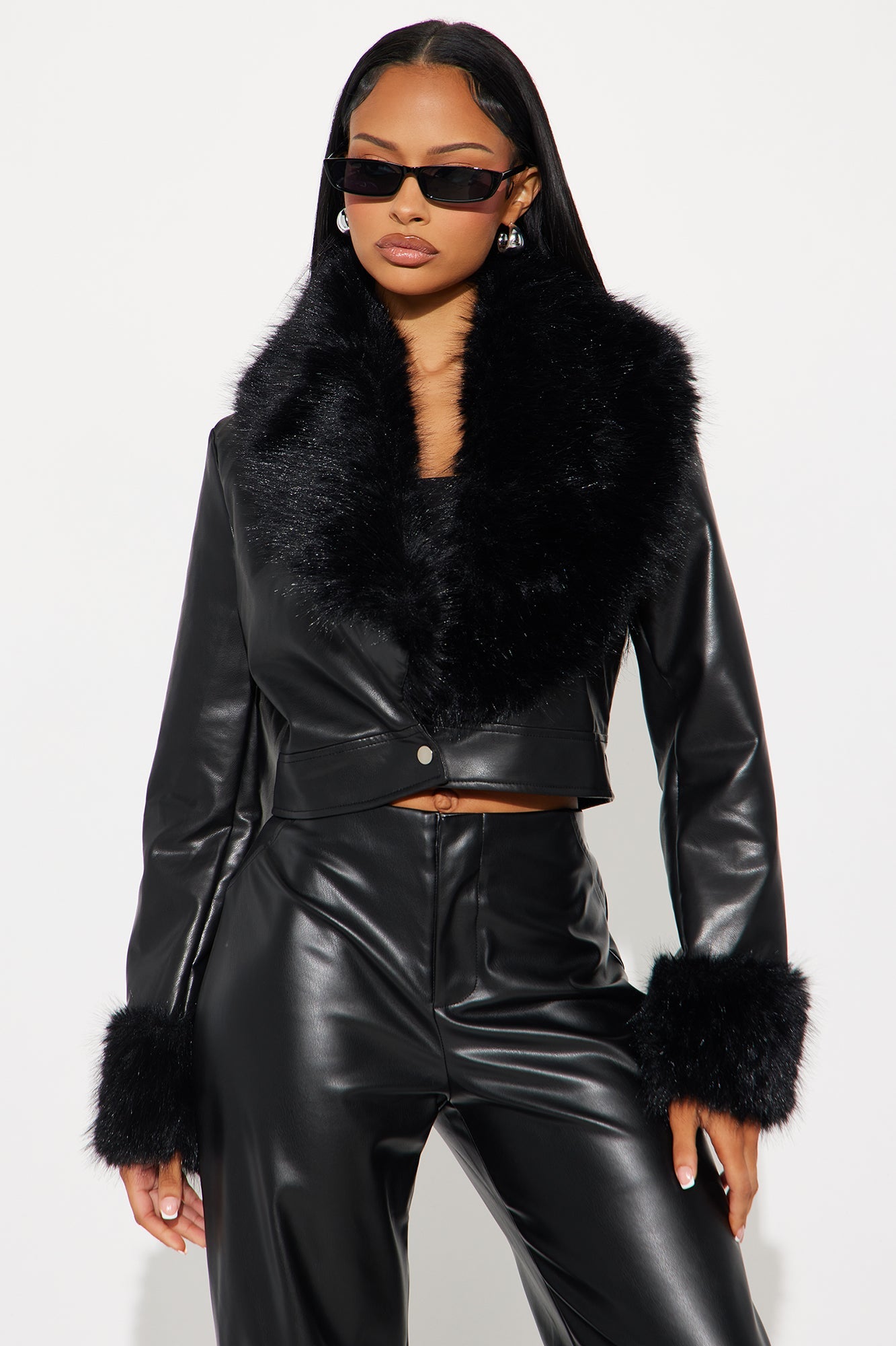 Roxanne Cropped Fur Faux Leather Coat - Black