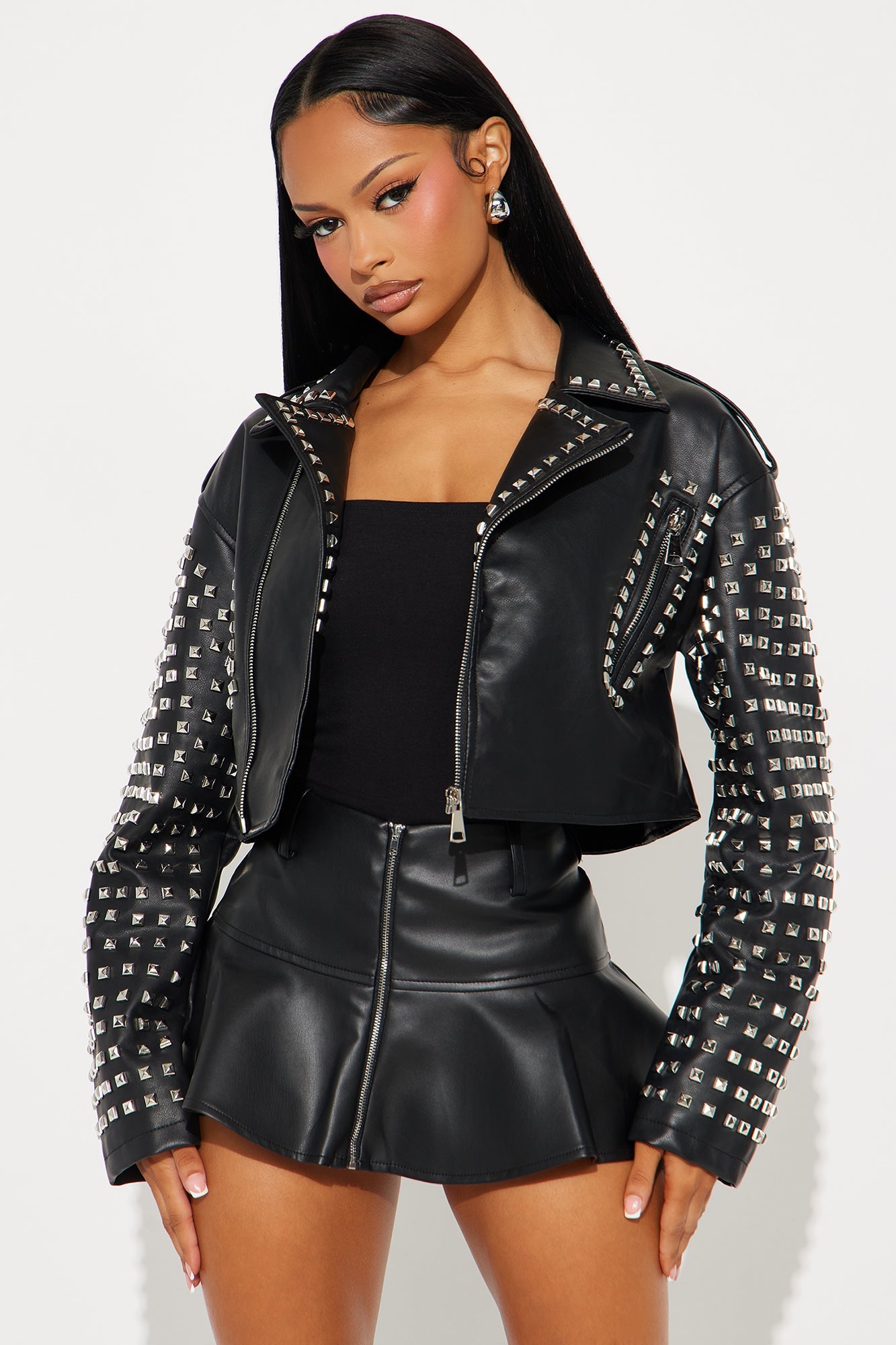 On Tour Studded Faux Leather Moto Jacket - Black