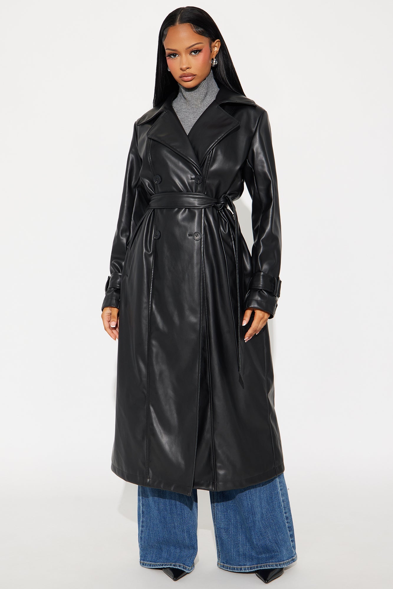 Power Moves Faux Leather Trench - Black