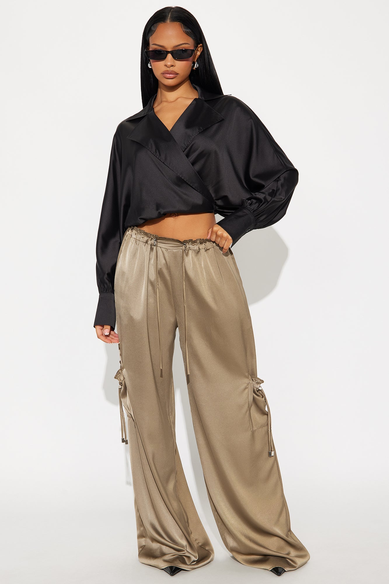 Brielle Satin Wide Leg Cargo Pant 33″ - Olive