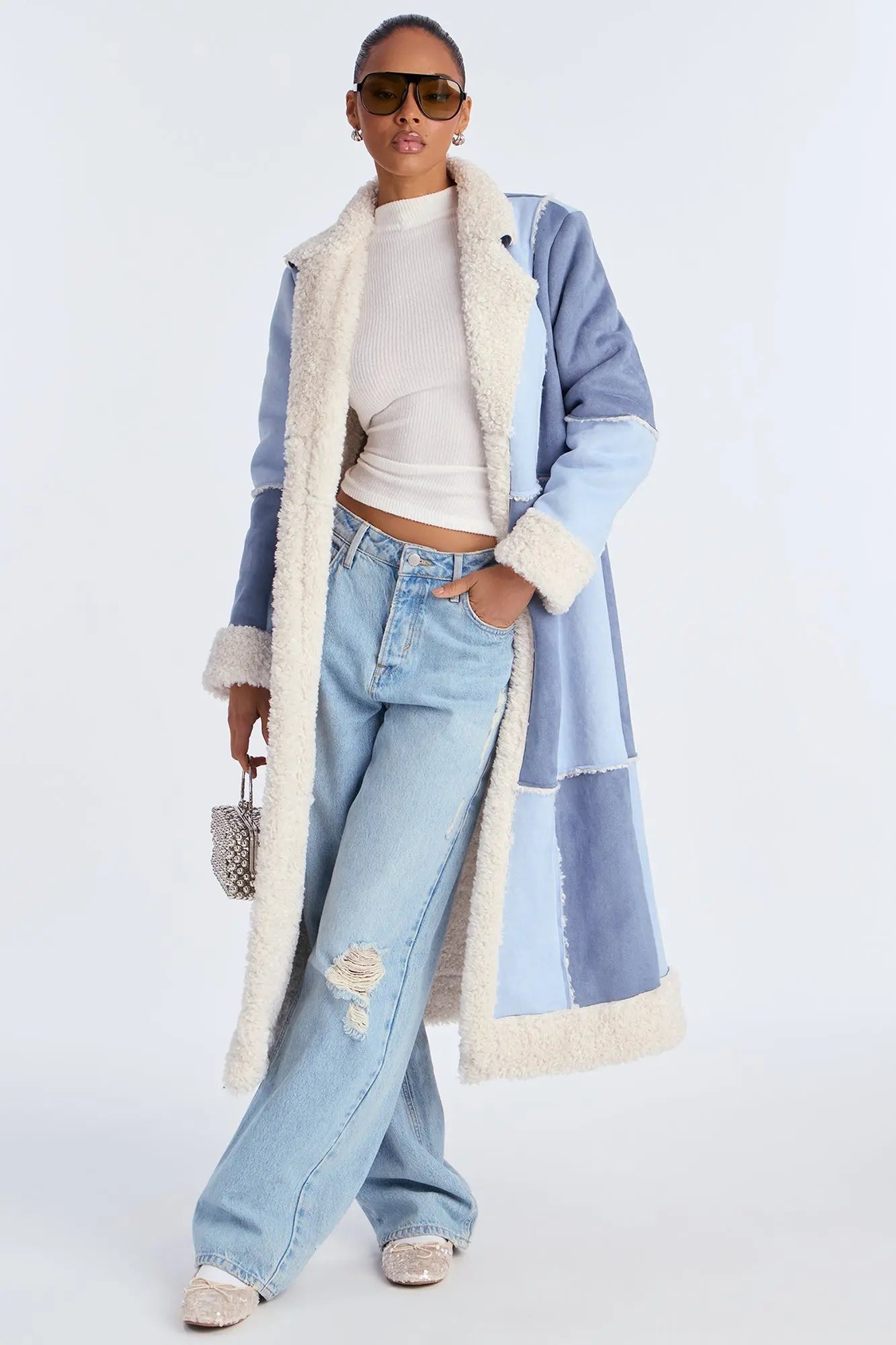 Sasha Patchwork Faux Suede Coat - Blue/combo