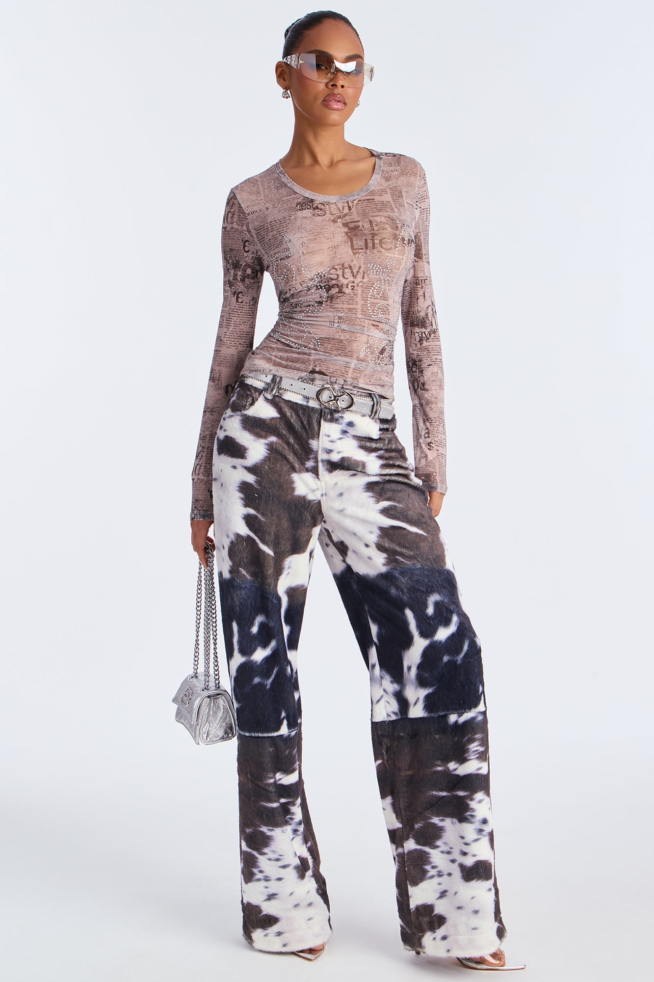 Early Dawn Faux Fur Cow Print Wide Leg Pant 33 - Black/White