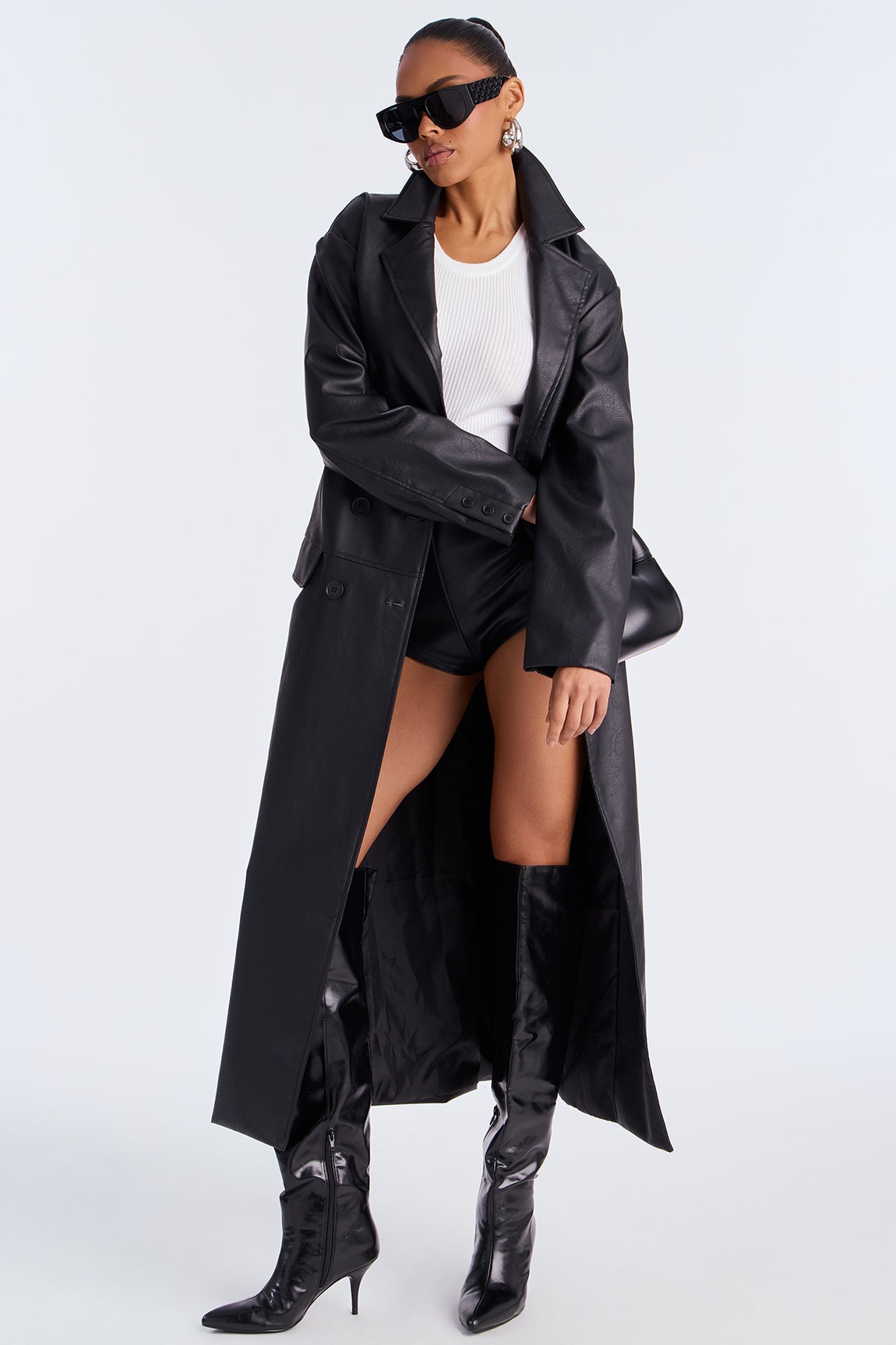 Drew Faux Leather Trench Coat - Black