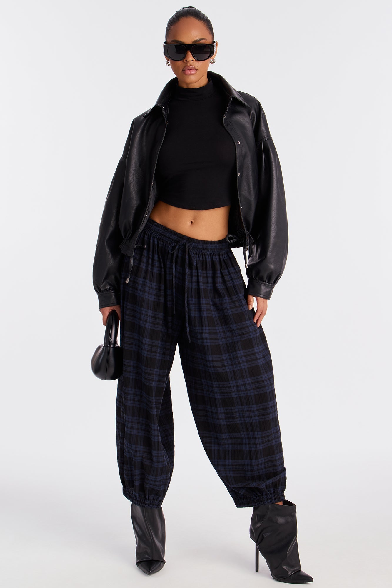 Jolene Plaid Barrel Pant - Navy