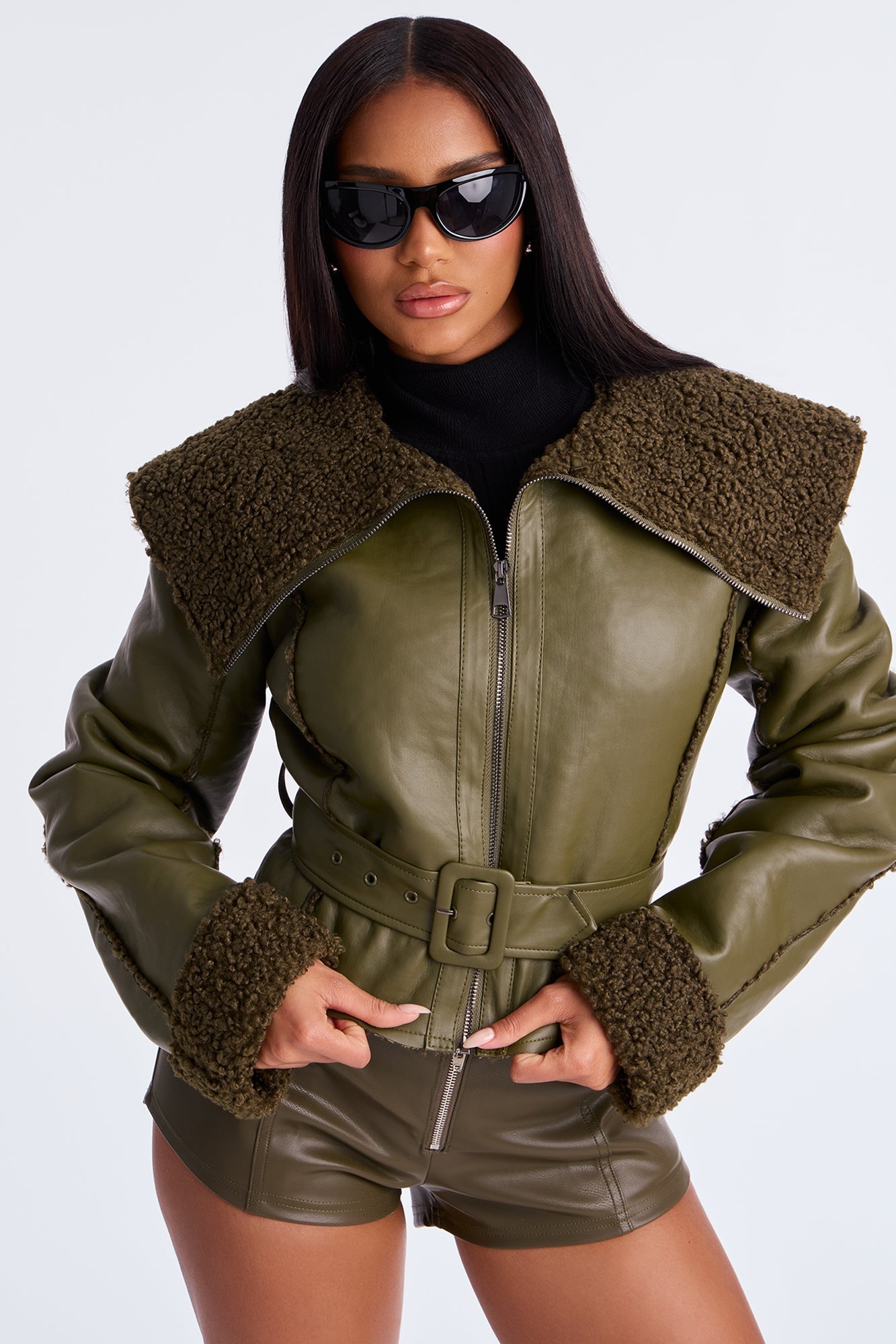 Paloma Faux Leather Sherpa Lined Coat - Olive