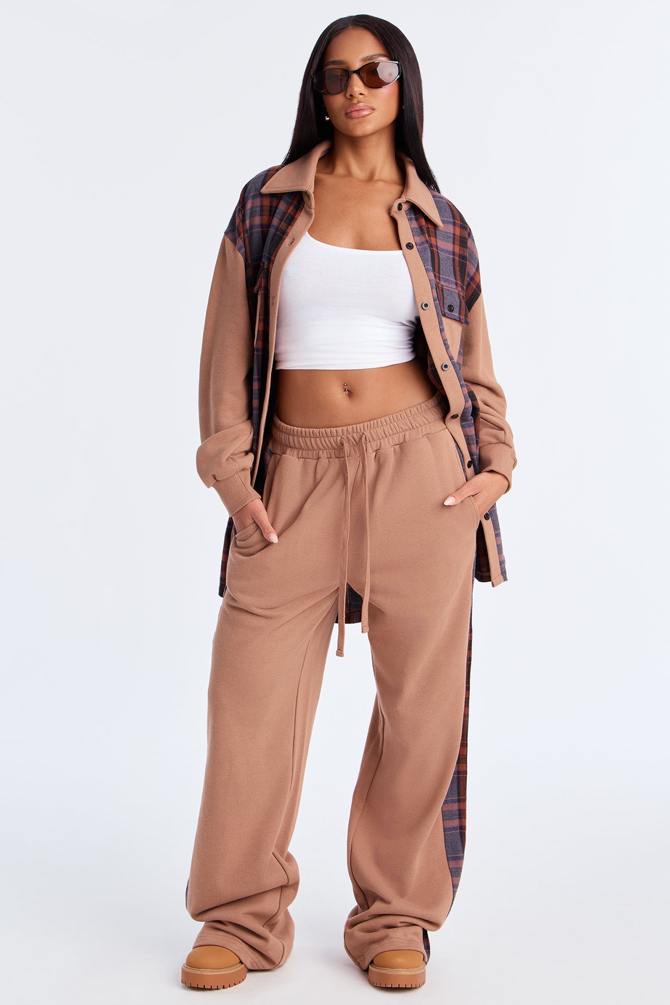 Camryn Plaid Pant Set - Mocha/combo
