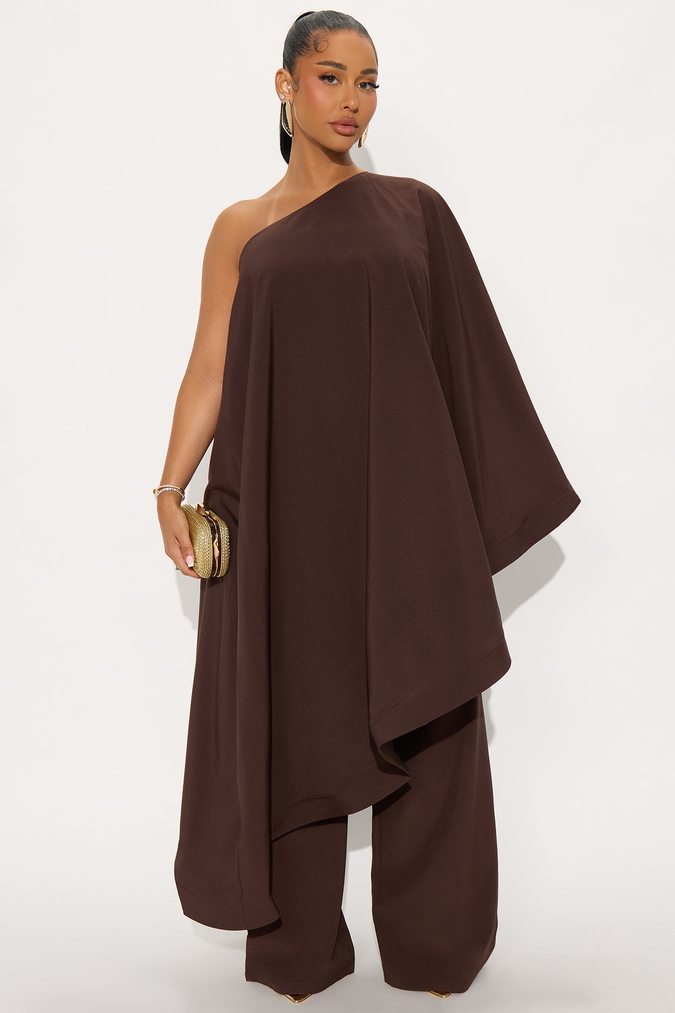 Hanna Draped Asymmetrical Pant Set - Chocolate