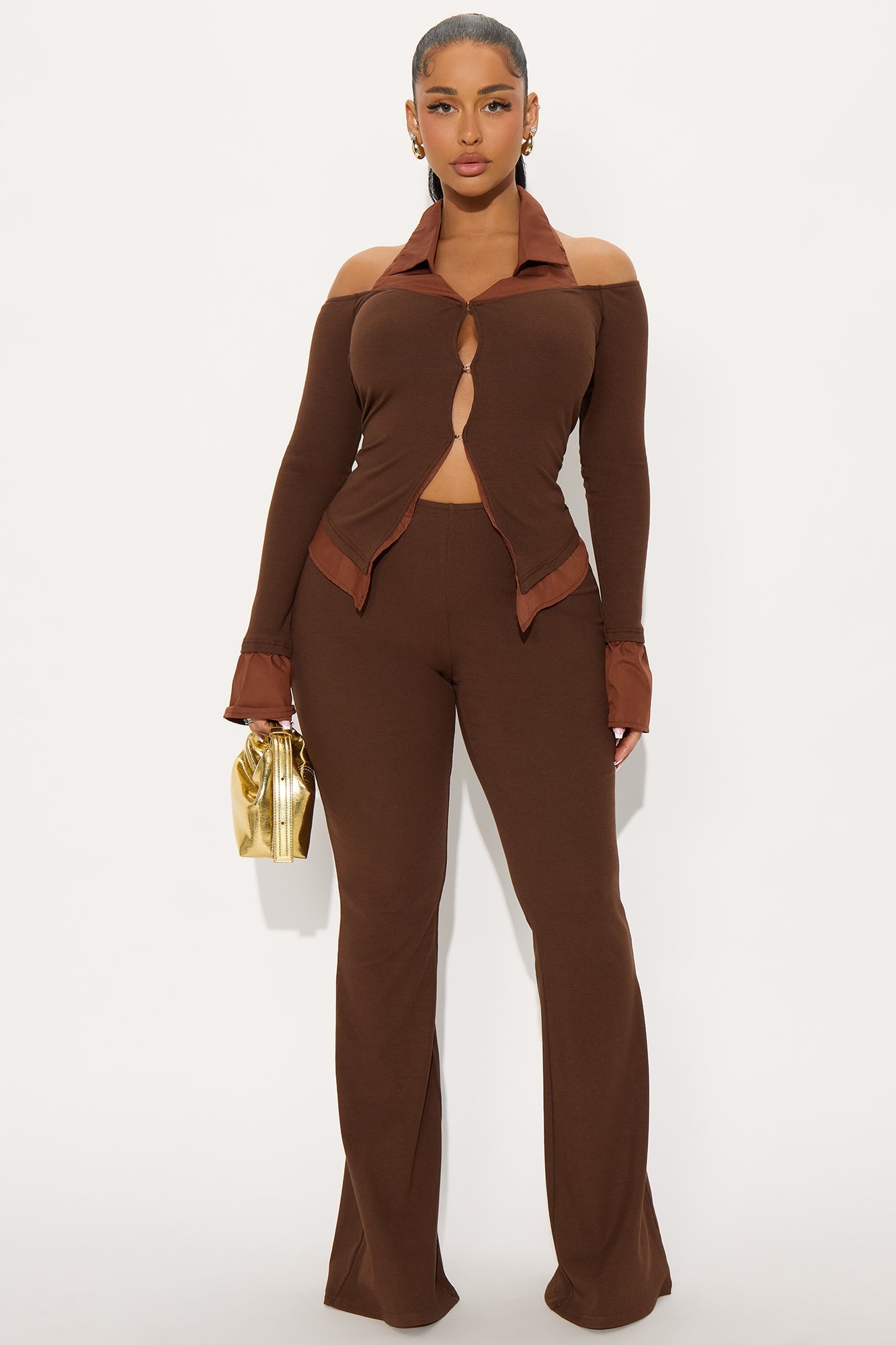 Peyton Ribbed Pant Set - Brown