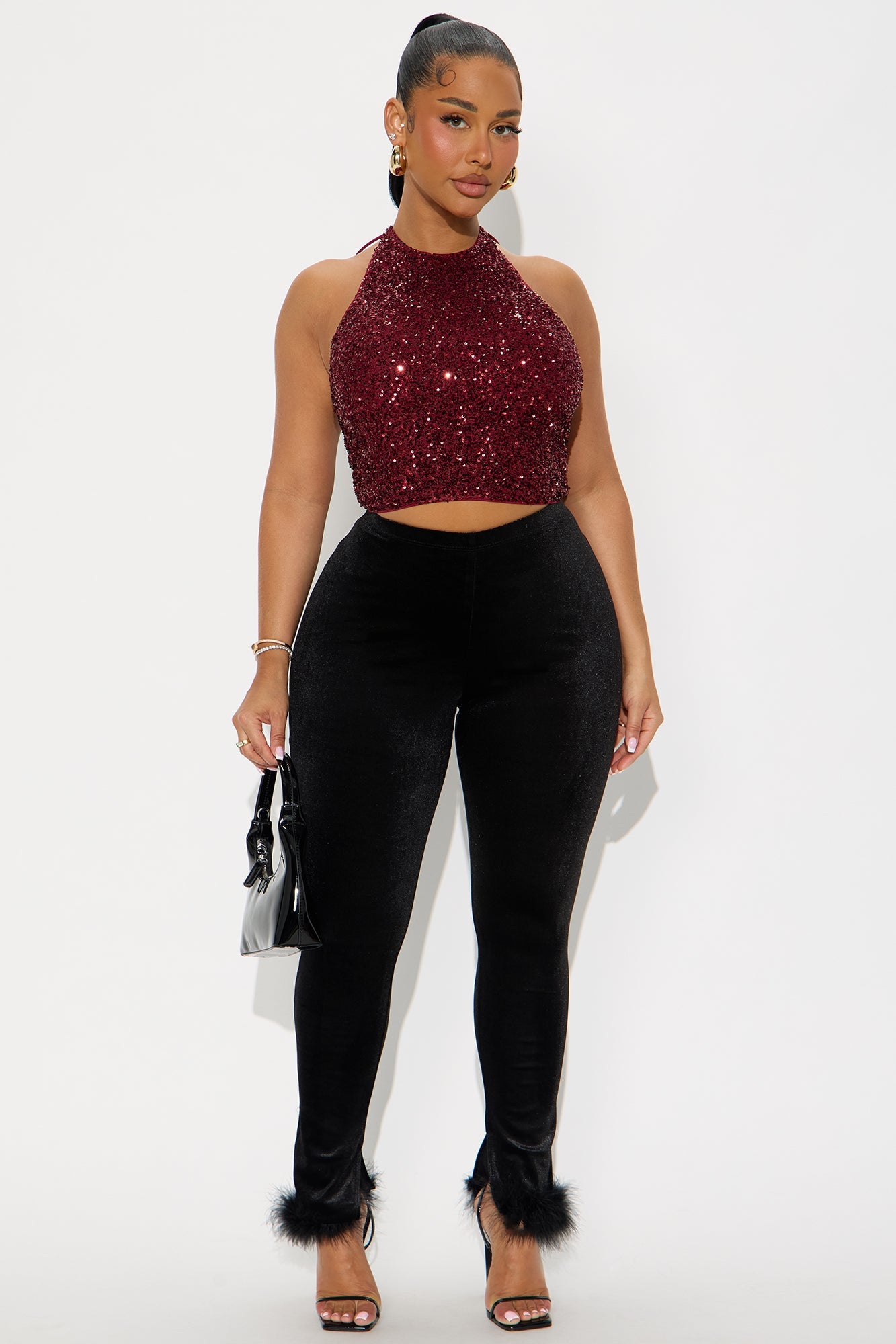 Steal The Night Fur Trim Velvet Legging - Black