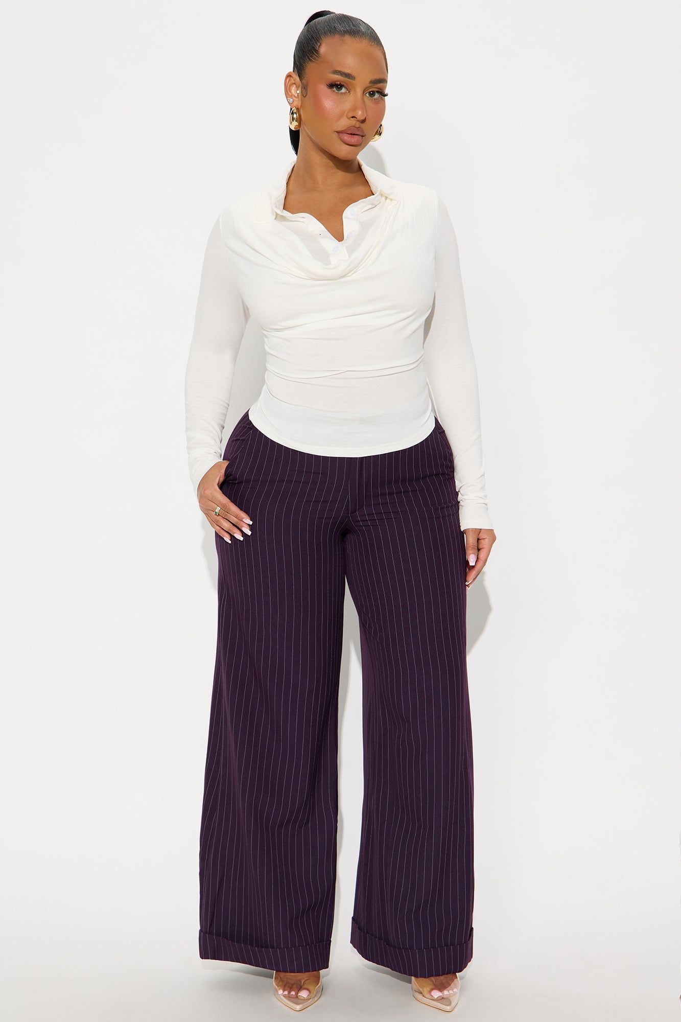 Bossed Up Cuffed Pinstripe Trouser Pant 32″ - Plum
