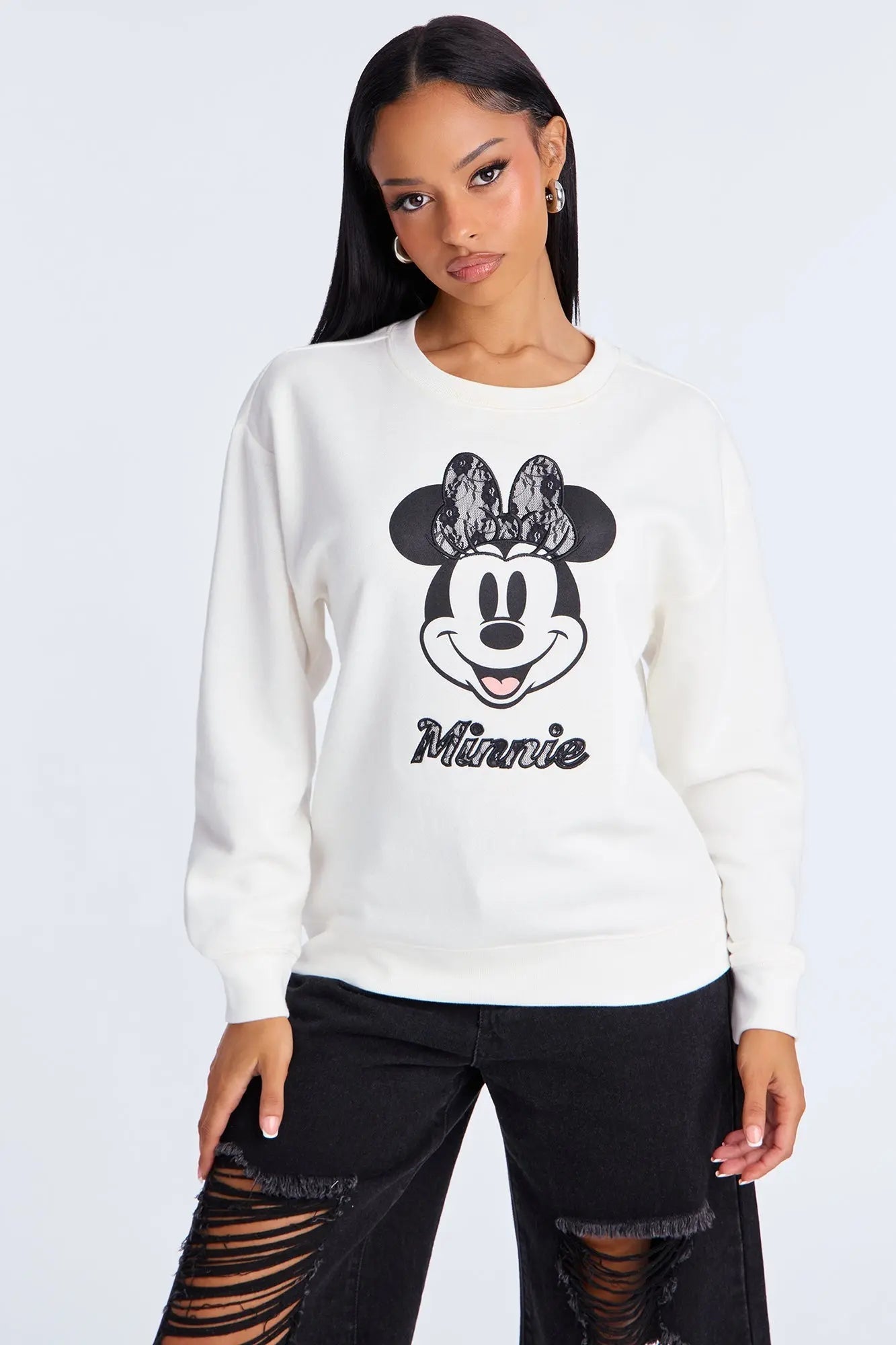 Minnie Mouse Lace Fleece Crew Neck Sweatshirt - Cream