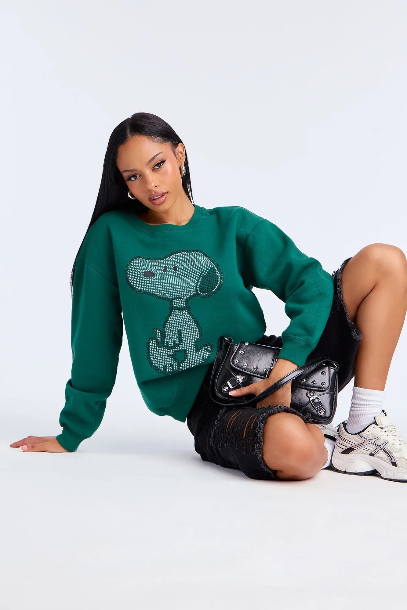 Snoopy Rhinestone Crew Neck Sweatshirt - Green