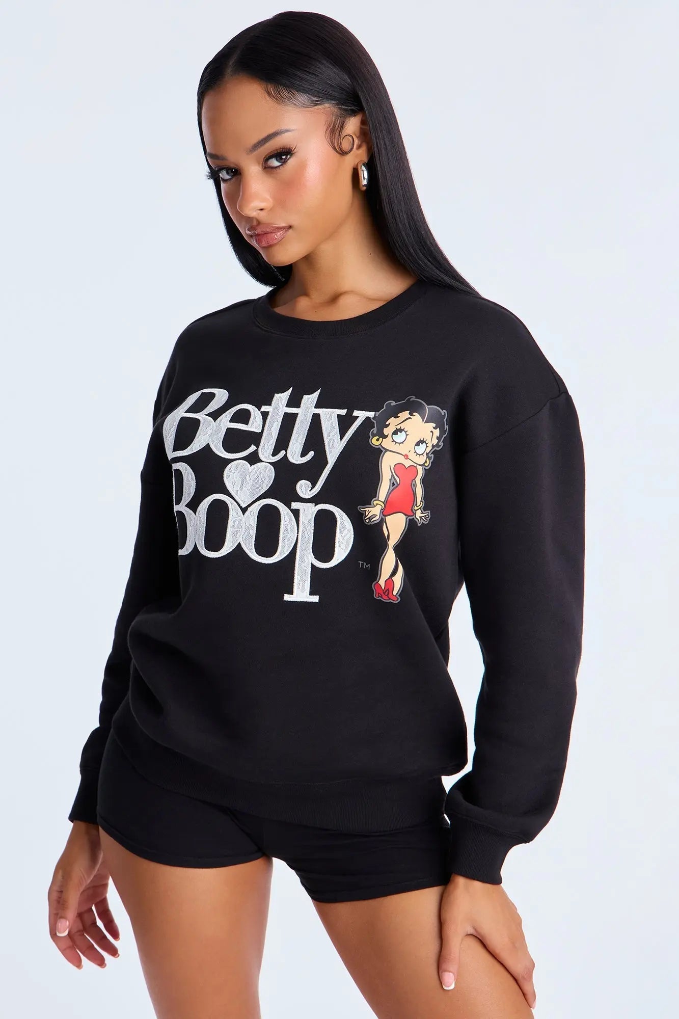 Betty Boop Lace Crew Neck Sweatshirt - Black