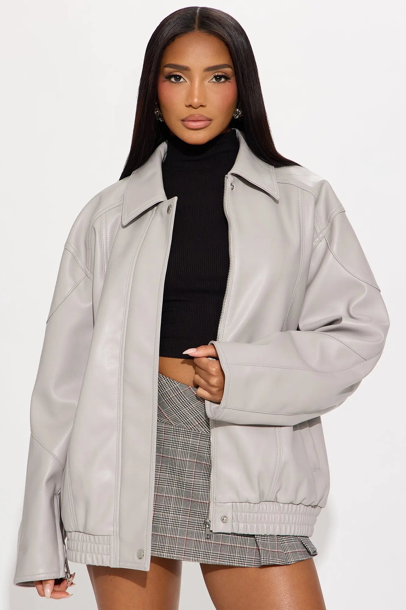 More To Come Faux Leather Bomber Jacket - Light Grey