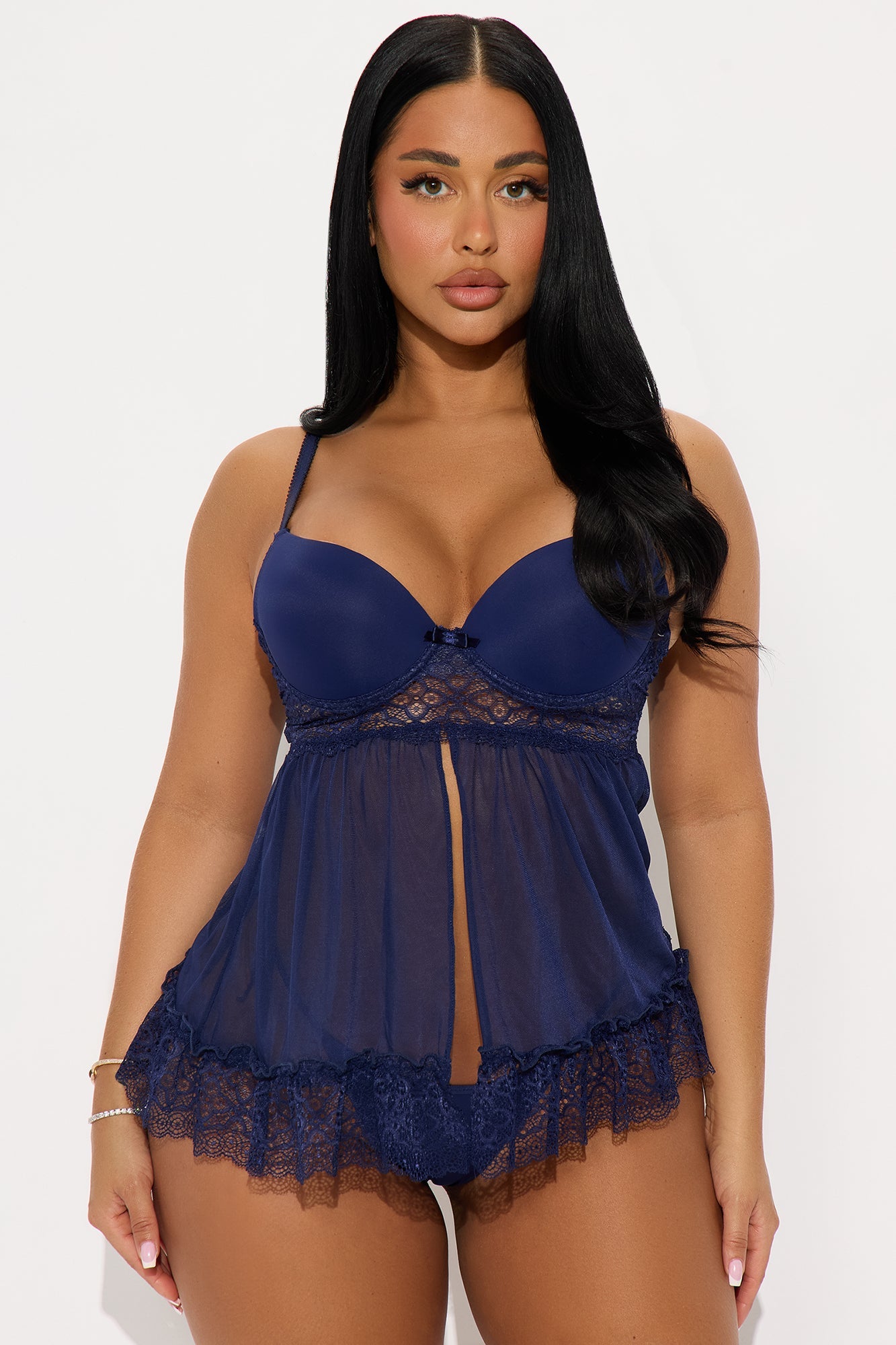 Three Little Words Lace Chemise Thong 2 Piece Set - Navy