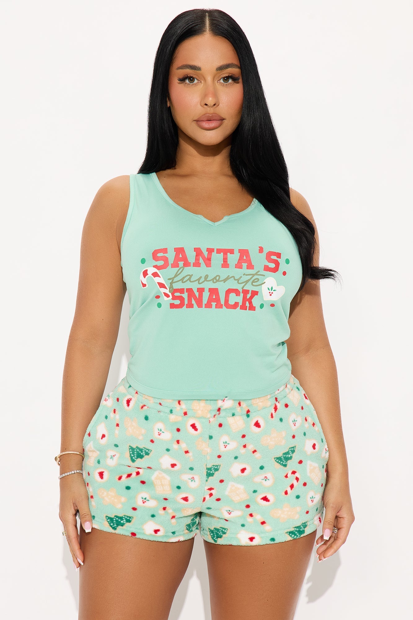 Santa's Favorite Snack Tank Plush PJ Short Set - Sage