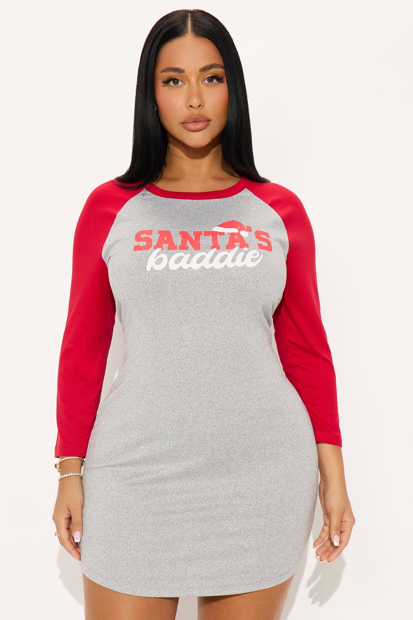 Santa's Baddie Matching Couple PJ Sleep Shirt - Heather Grey