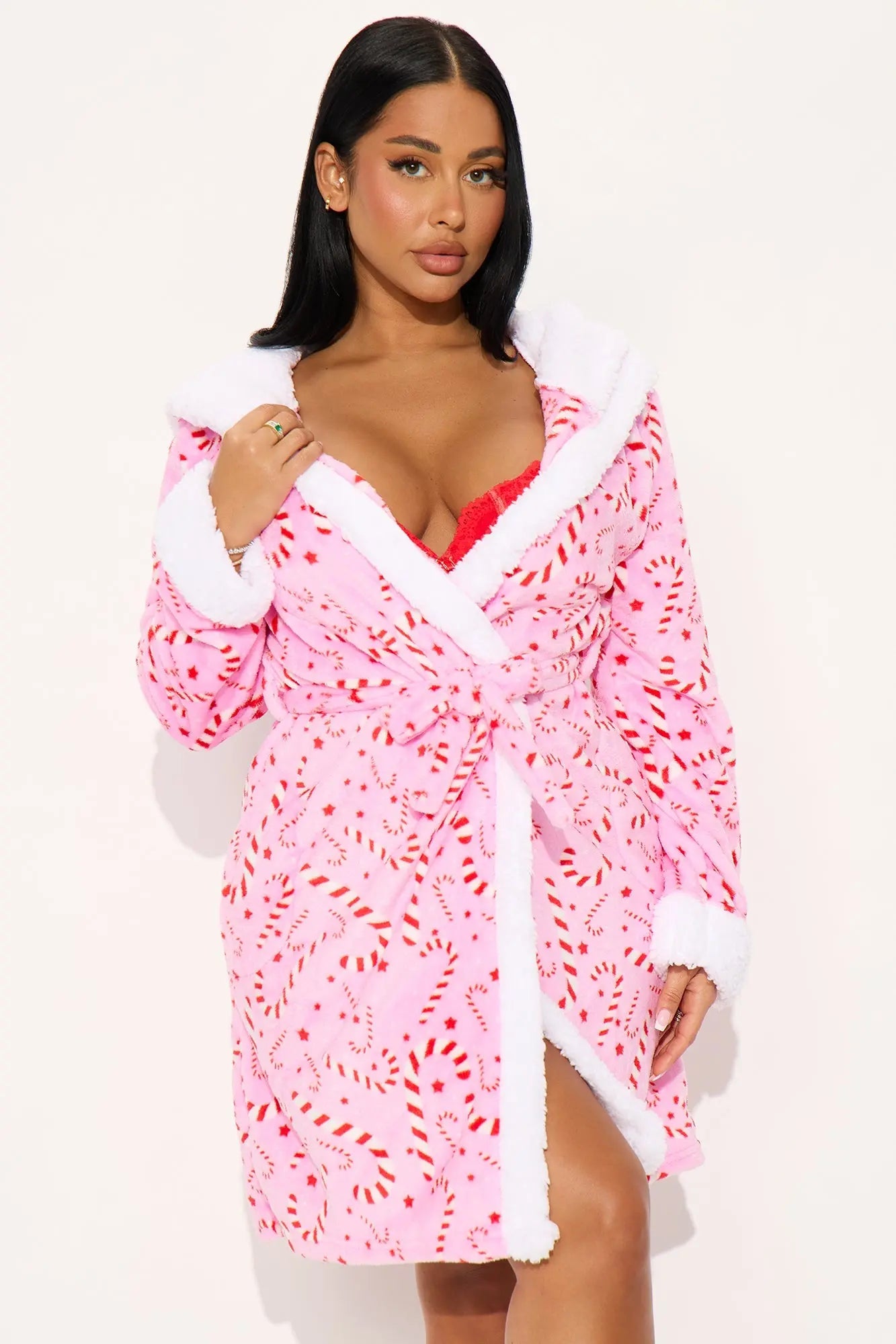 Candy Cane Lane Plush Hoodie PJ Robe - Pink/combo