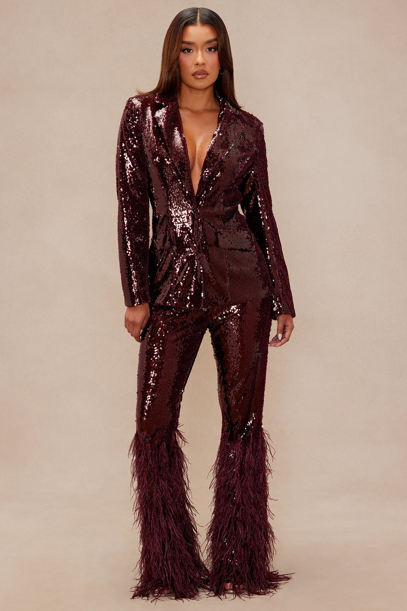 Nola Sequin Feathered Flare Pant - Wine