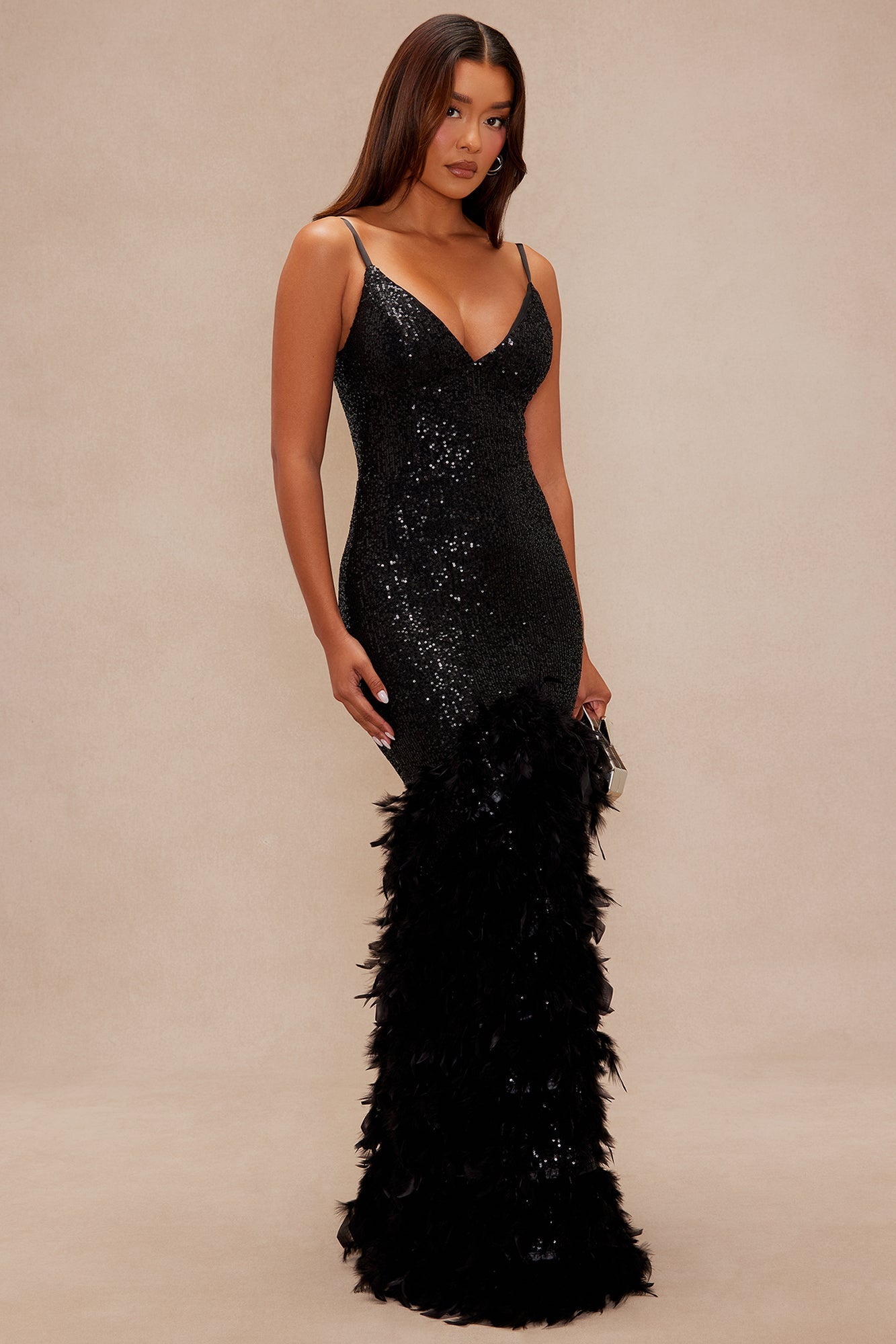 Felicity Sequin Feather Gown - Black